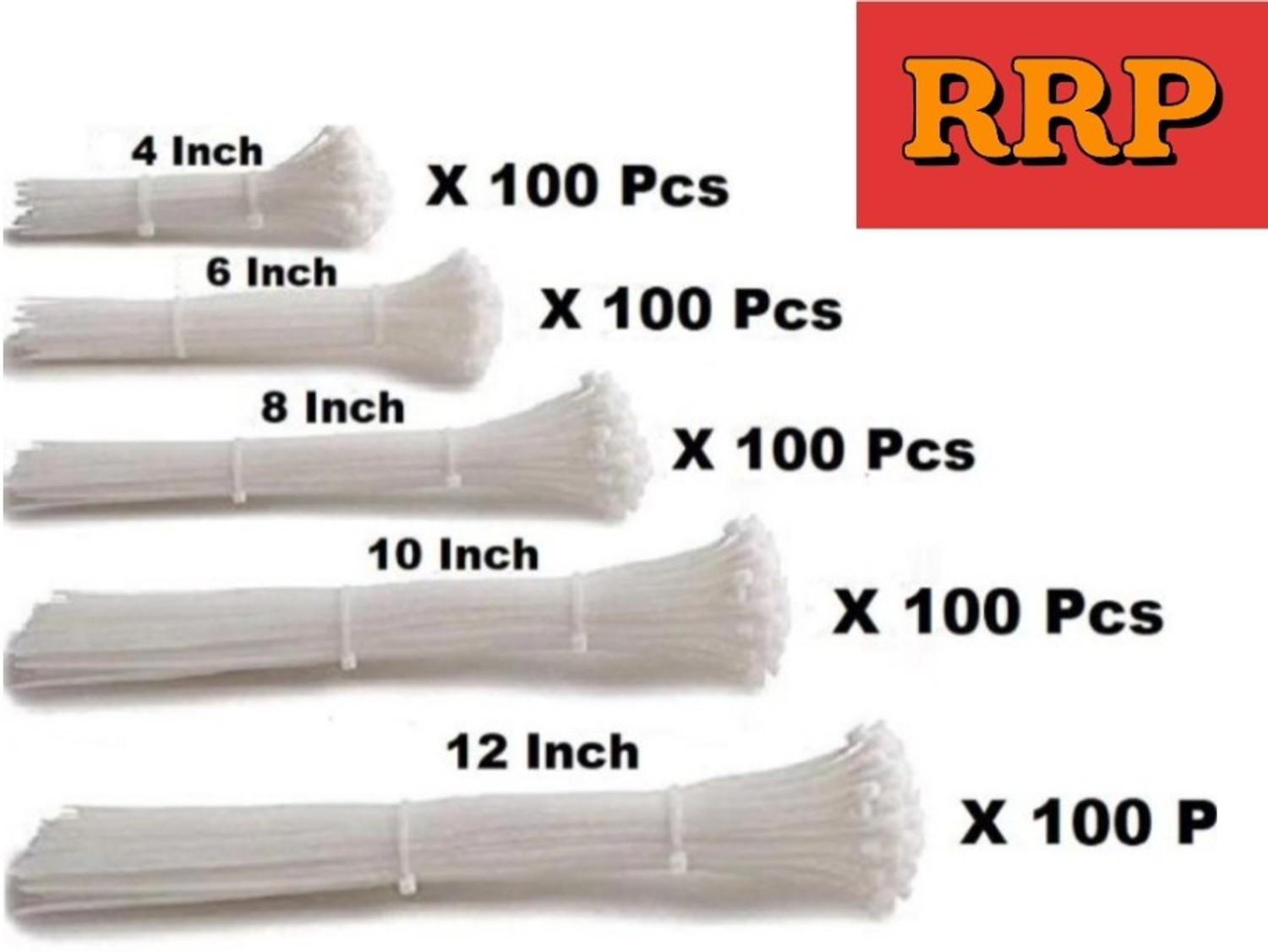 Image of RRP 4 inch,6 inch,8 inch,10 inch,12 inch INCH (Each 100 Pcs) COMBO PACK Nylon Flexible Straps Cable Tie