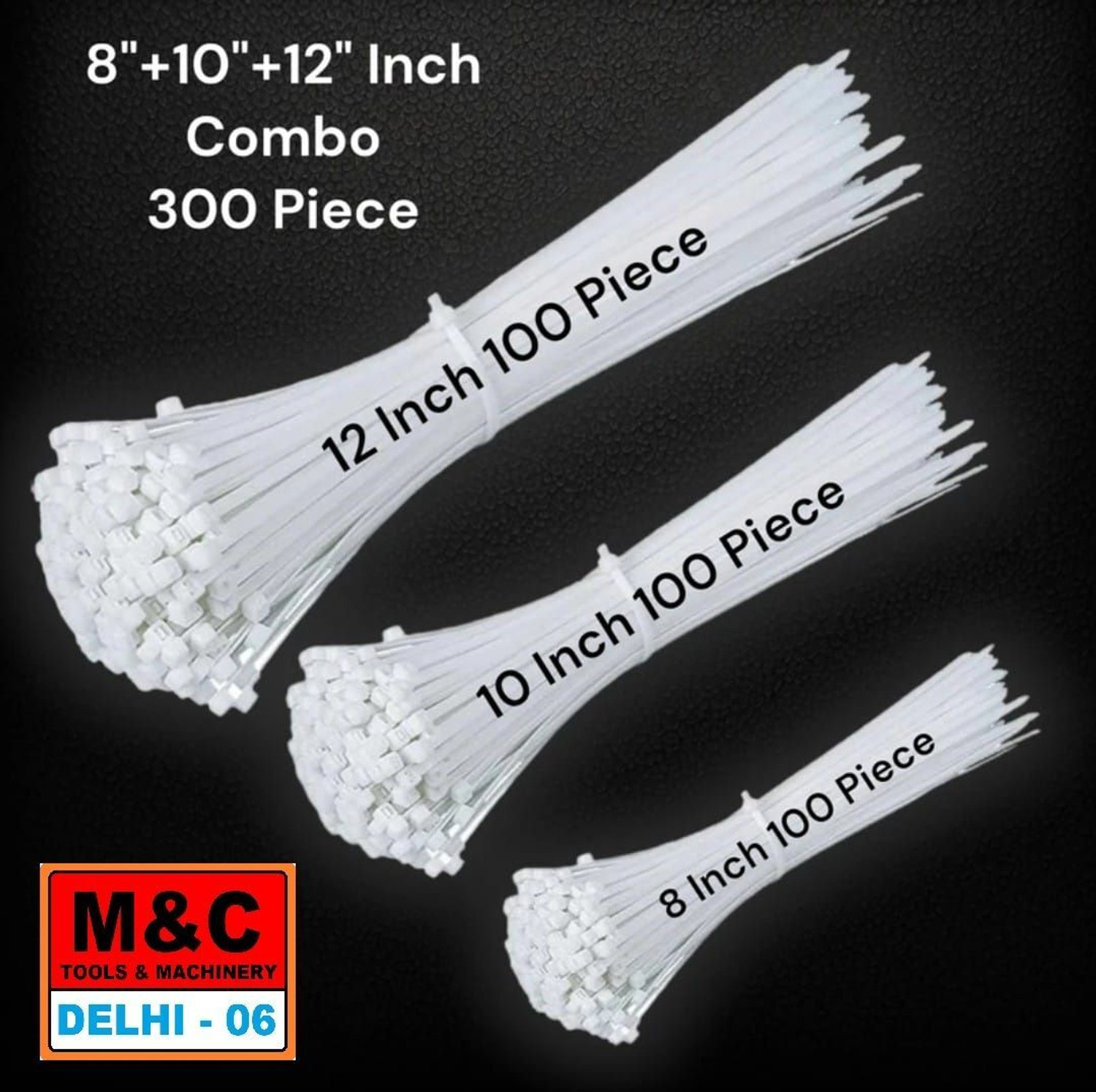 Image of MANDC 300 Pcs, 8 inch+10 inch+12 inch Inch Combo Self Locking Nylon Cable Ties, UV Protected Nylon Flexible Straps Cable Tie