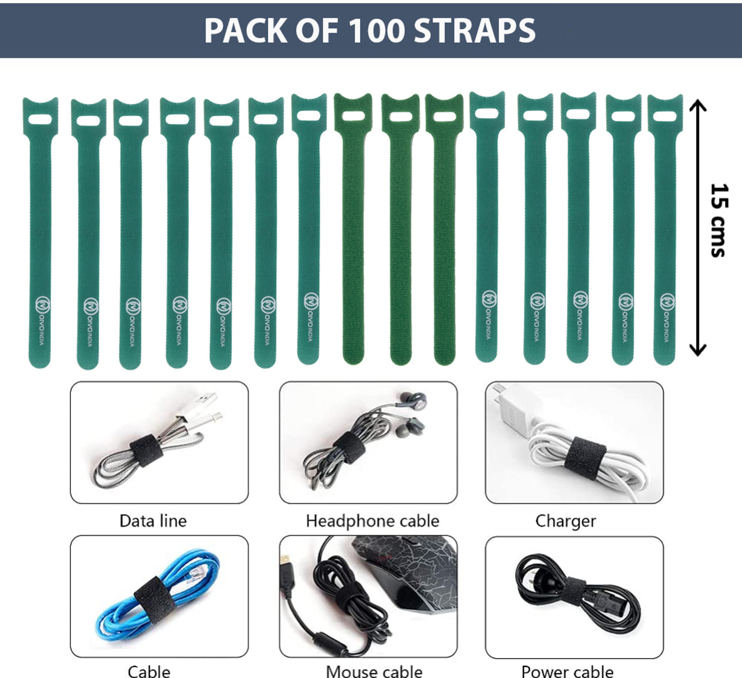 Image of OIVO INDIA 100 Piece Cable Organizer-Wire /Cord Holder Management Strap - Reusable Hook Tape Nylon Hook & Loop Cable Tie