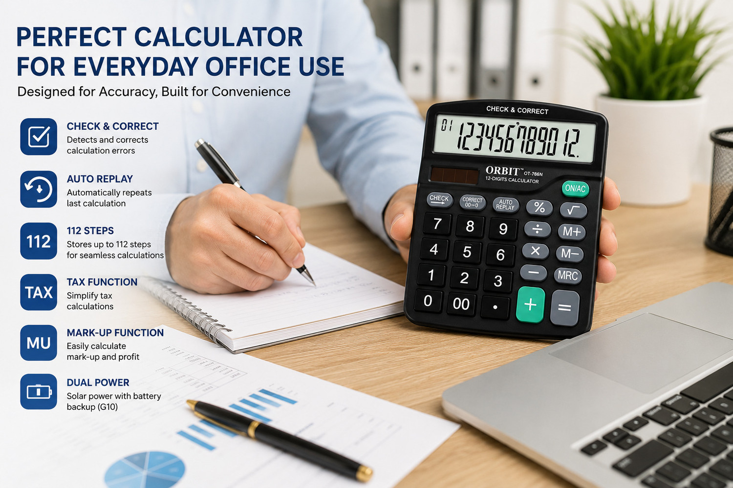 Image of Villy OT-786 12 Digit Dual Power Calculator | Check & Correct Function ORBIT OT-786 12 Digit Dual Power Calculator Basic Calculator (12 Digit)