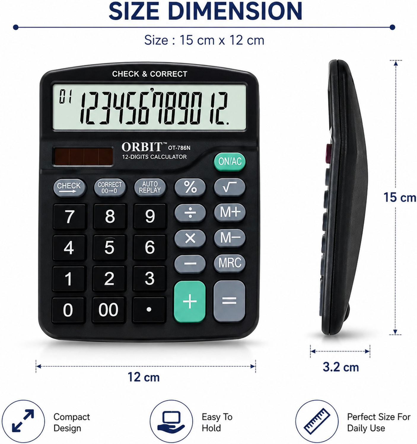 Image of Villy OT-786 12 Digit Dual Power Calculator | Check & Correct Function ORBIT OT-786 12 Digit Dual Power Calculator Basic Calculator (12 Digit)