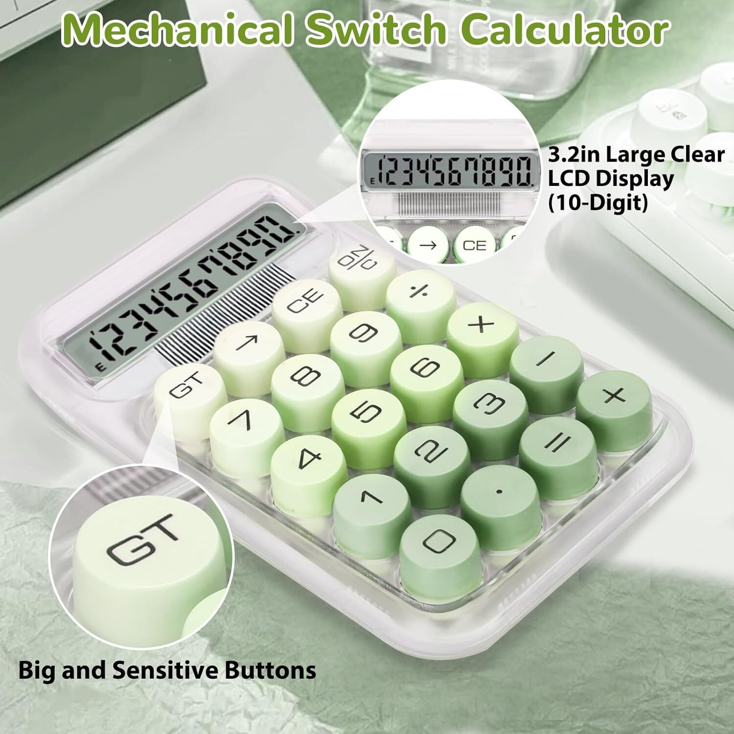 Image of BIYALI Transparent Desk Calculator with Pastel Mechanical Buttons with 10 Digit Display Battery Operated, Lightweight & Durable for Office Desk, Study, Business Basic Calculator