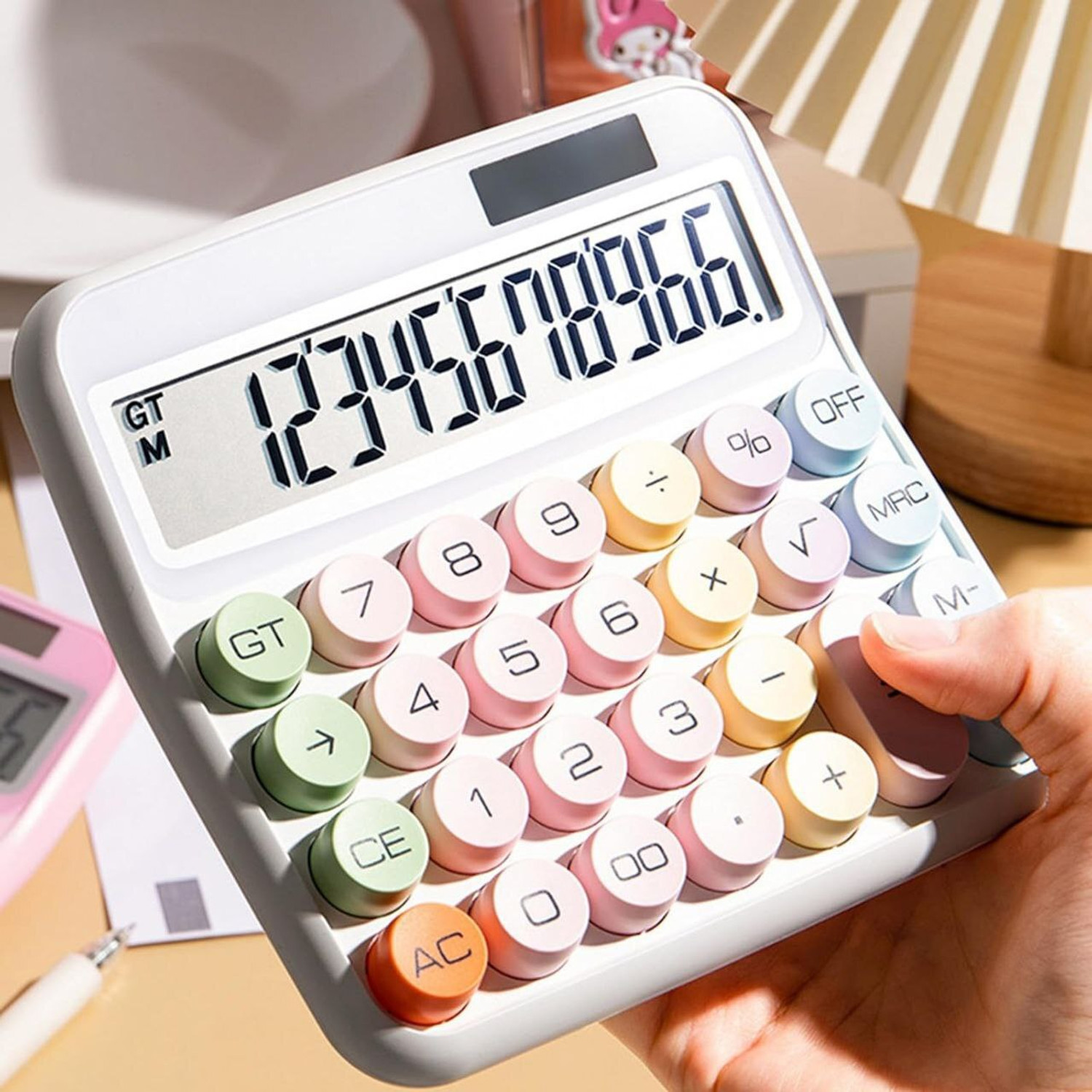 Image of PORMONO Creative Colorful Electronic Calculator Big Round Buttons Calculator Big Round Buttons, Typewriter-Inspired Mechanical Key Calculator Financial Calculator