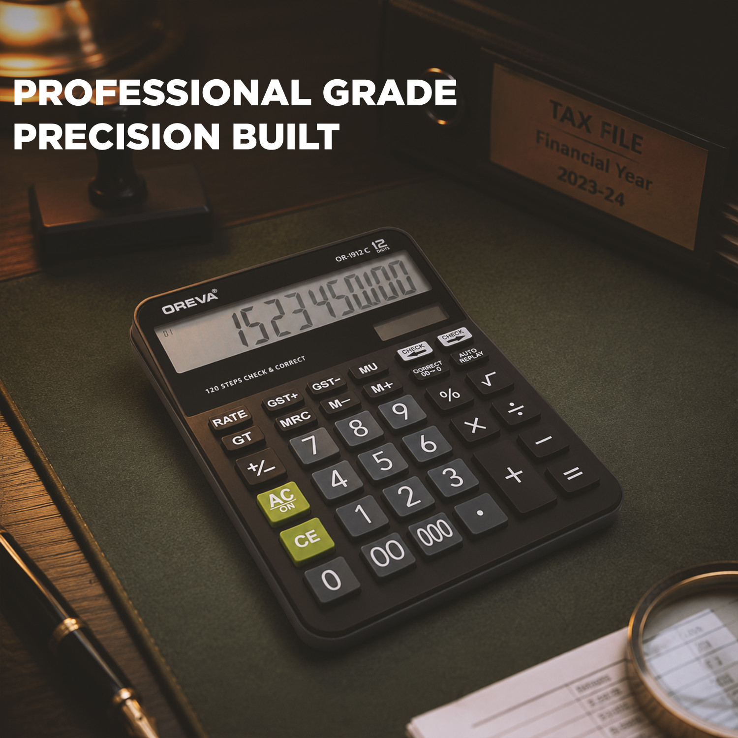 Image of OREVA OR-1912 C Desktop Calculator GST Calculation Solar & Battery Auto Replay Black Financial Calculator
