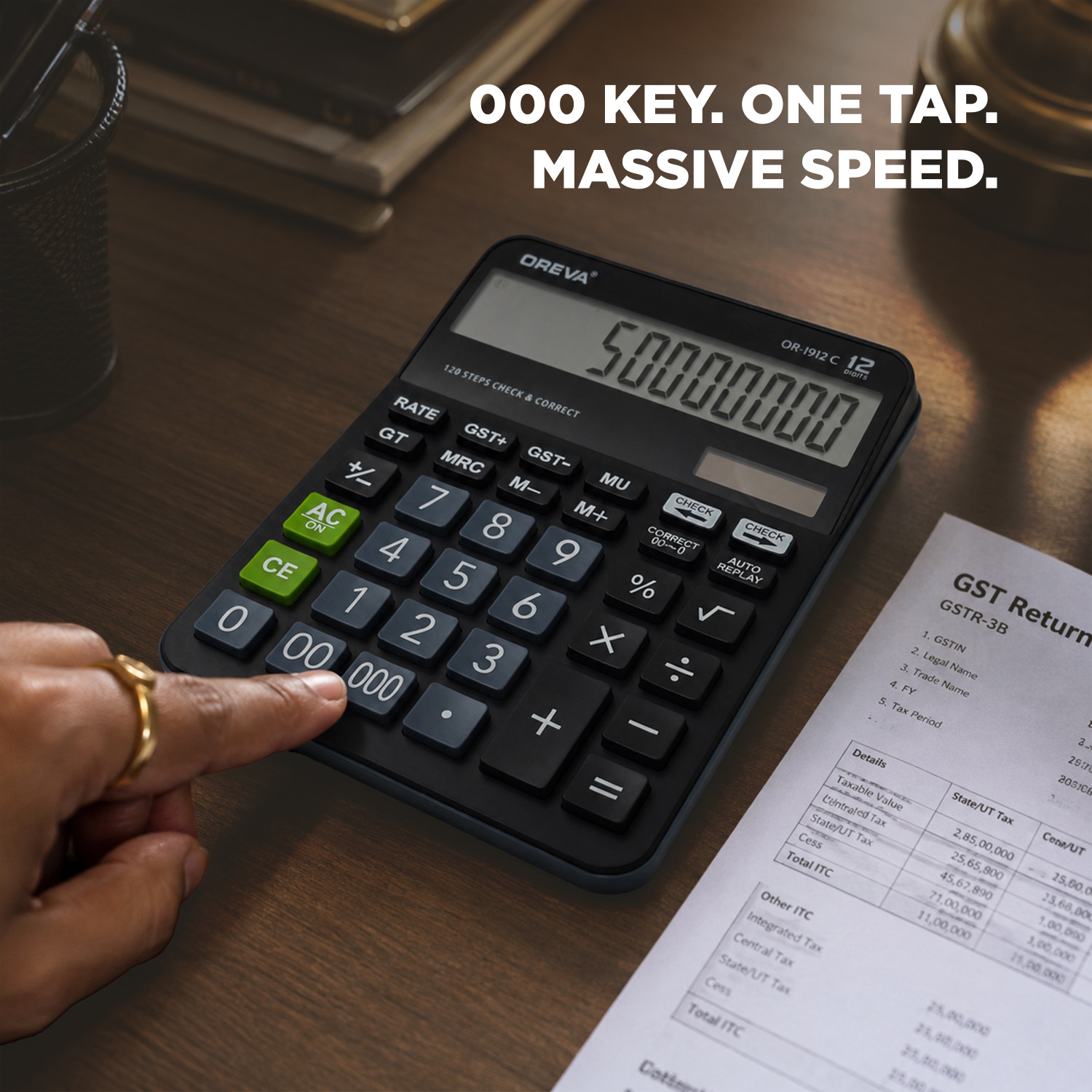 Image of OREVA OR-1912 C Desktop Calculator GST Calculation Solar & Battery Auto Replay Black Financial Calculator