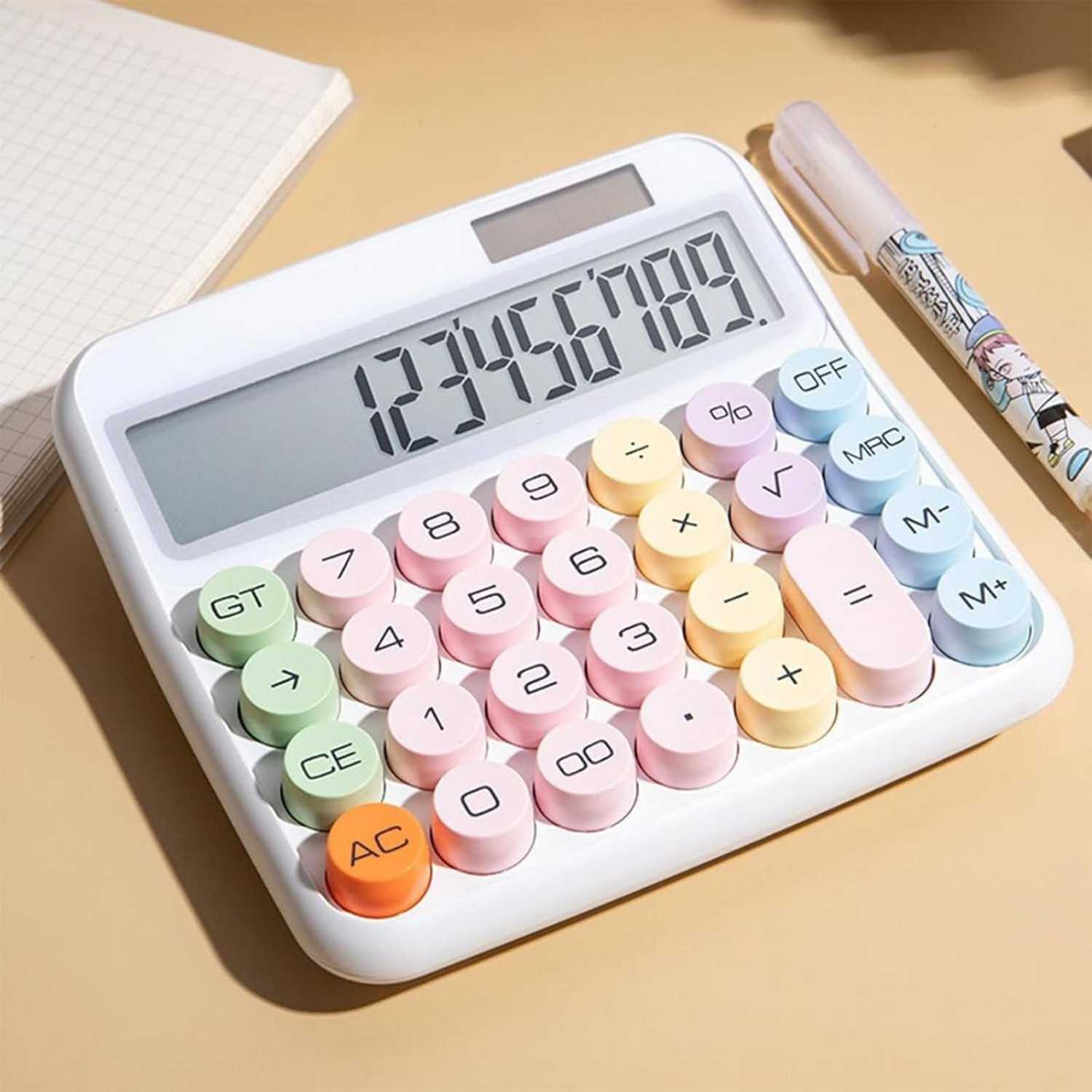 Image of PORMONO Creative Colorful Electronic Calculator Big Round Buttons Calculator Big Round Buttons, Typewriter-Inspired Mechanical Key Calculator Financial Calculator