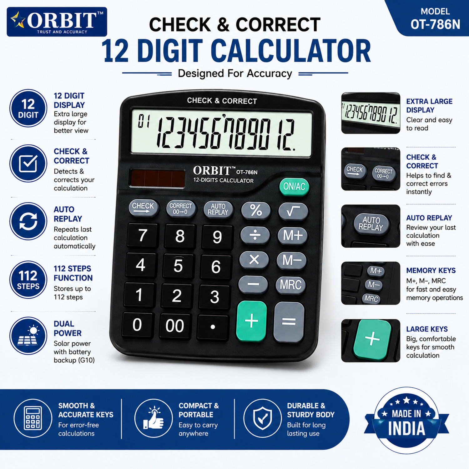 Image of Villy OT-786 12 Digit Dual Power Calculator | Check & Correct Function ORBIT OT-786 12 Digit Dual Power Calculator Basic Calculator (12 Digit)