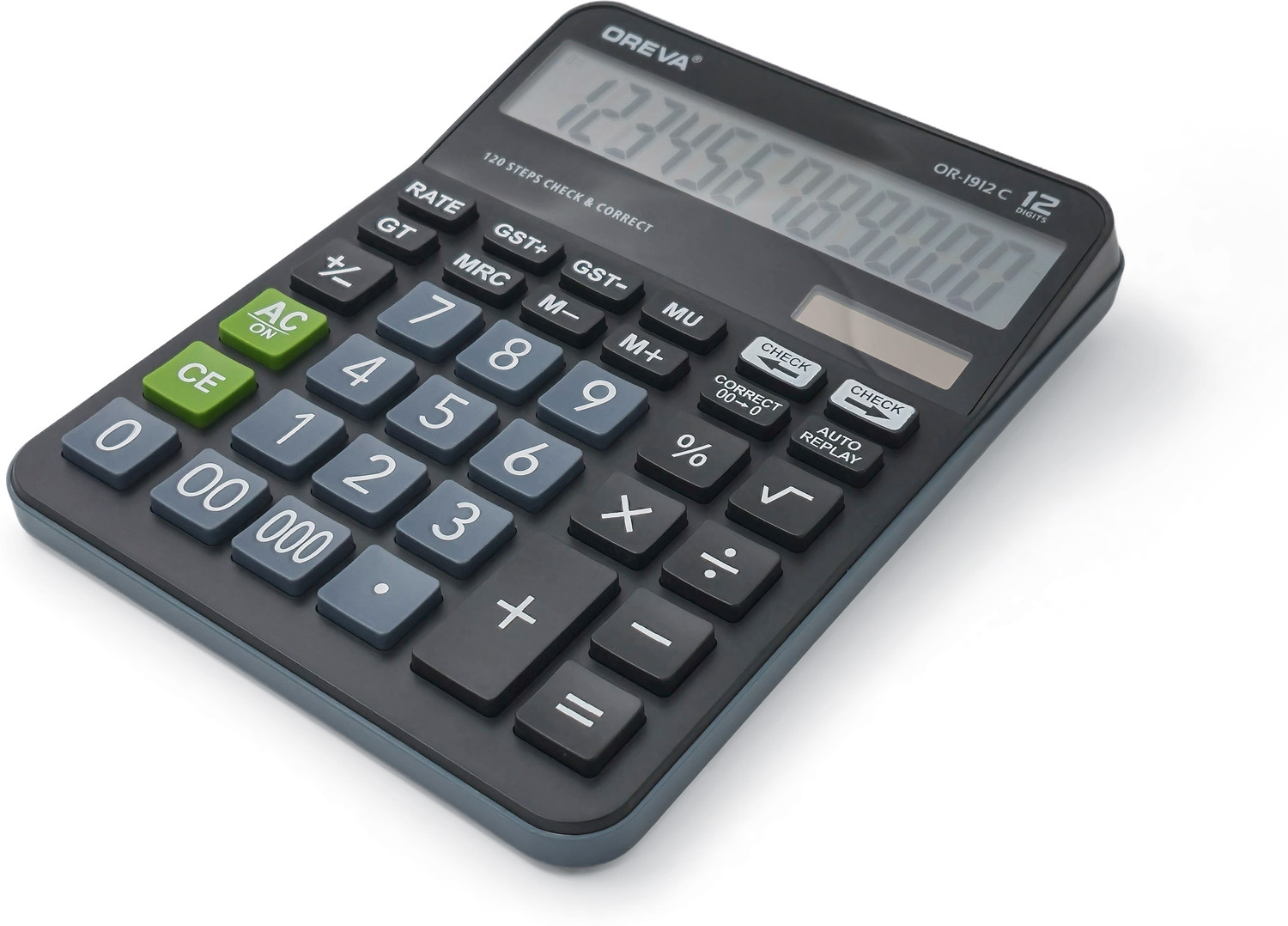 Image of OREVA OR-1912 C Desktop Calculator GST Calculation Solar & Battery Auto Replay Black Financial Calculator
