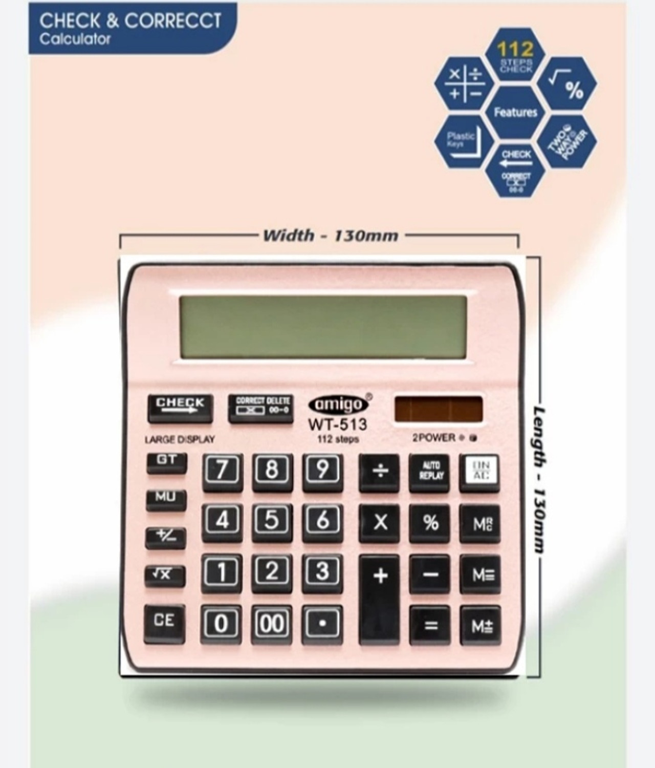 Image of PW PENCILWALA Amigo WT-513 SOFT BUTTON Large LED Display 112 steps Basic Calculator