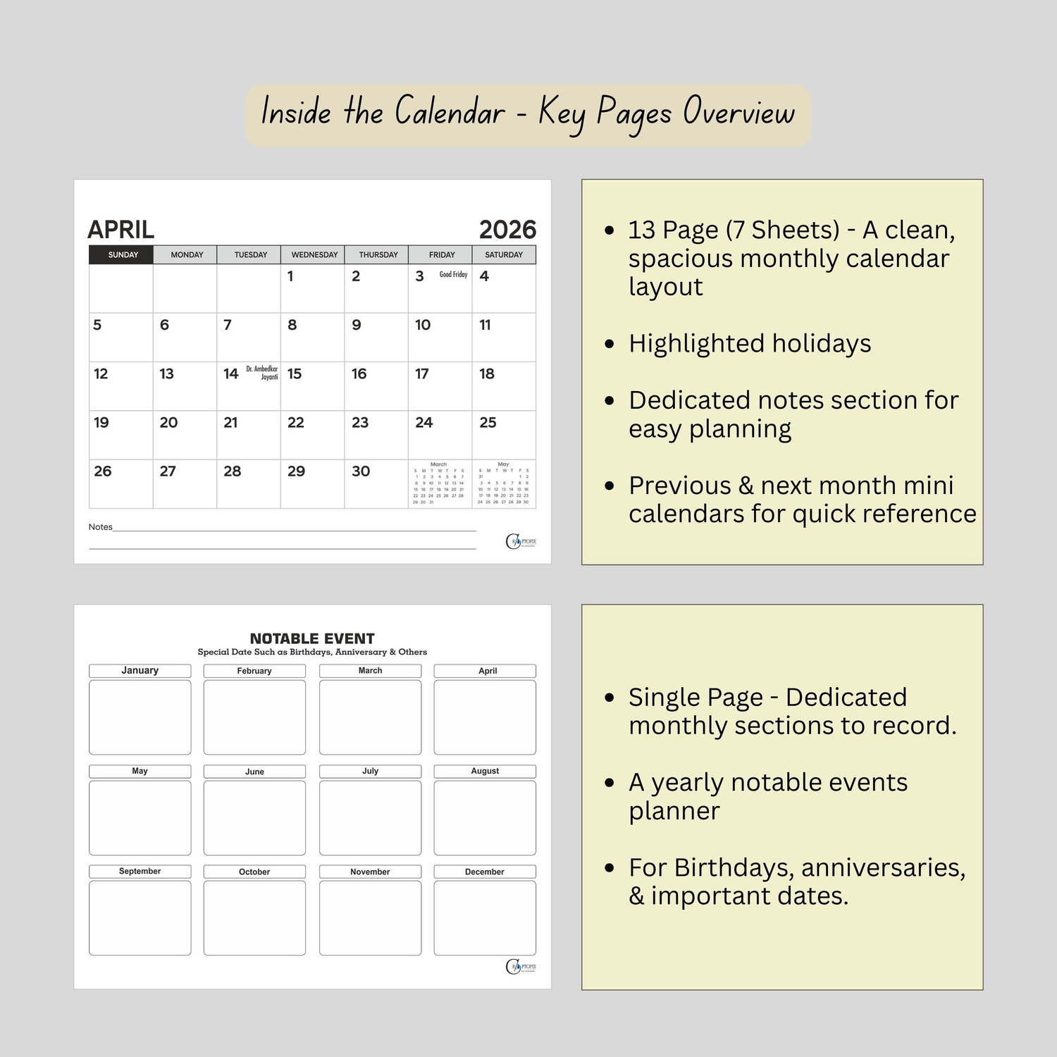 Image of CRAFTOPIX Desk Calendar01 2026-2027 Table Calendar (White, Grey, Cream, Floral Pastel Elegance)