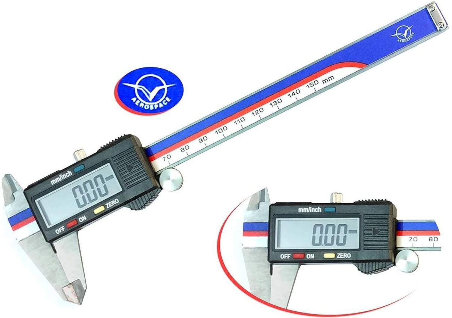 BALRAMA 0-150 mm 6 inch Aerospace Digimatic Vernier Caliper 0–150 mm/0–6 inch Metric/Imperial Dual Reading Electronic Digital Vernier Caliper with Storage Box Case + Extra Spare Battery + Large LCD Display + IP54 Water Resistant Hardened Stainless Steel Vernier Caliper Micrometer Electronic Gauge Micrometer Ruler Tool Used for 4 Way Measurement Inside + Outside + Depth + Step AEROSPACE Digital Caliper