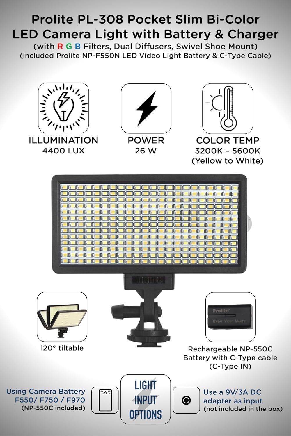 Prolite Bi-Color LED PL-308 Camera Video Light - Image 2