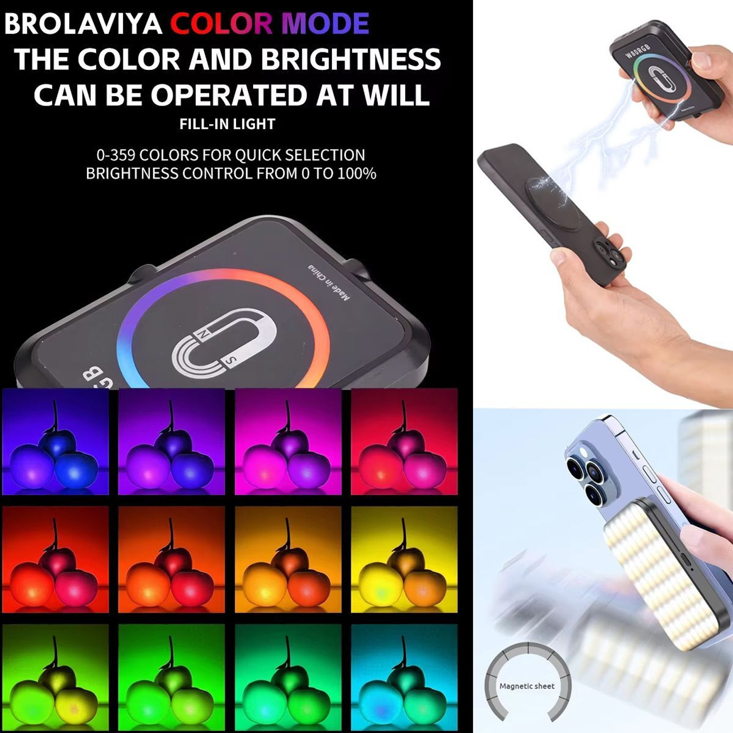 Image of BROLAVIYA W80 Magnetic Fill Light Rechargeable 3 Modes /RGB Adjustable Color Temperature Flash