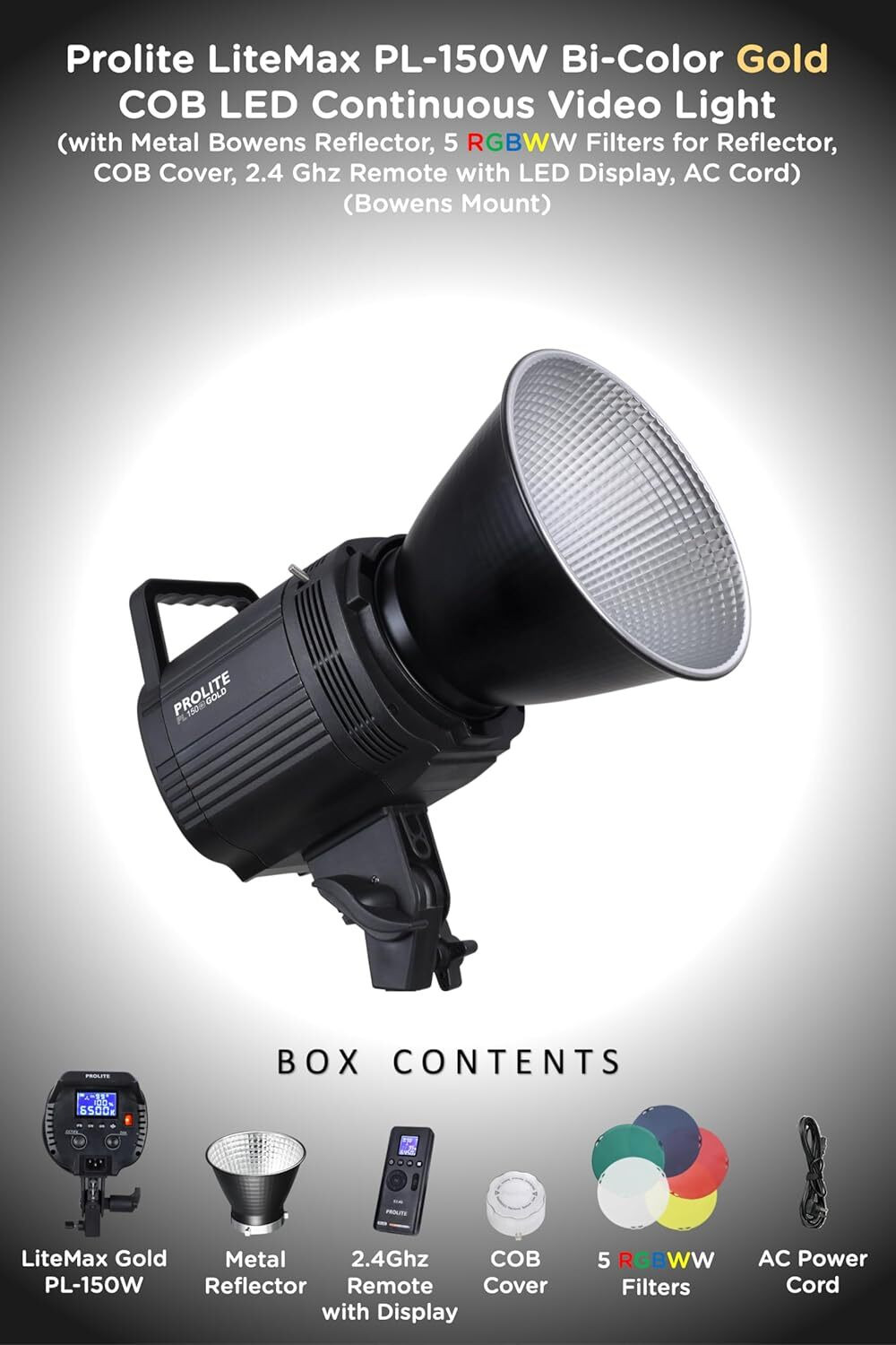 Image of Prolite LiteMax Gold 150W Bi-Color COB LED Video Light, RGBWW Filters, Diffuser & Remote 15500 lx Camera LED Light