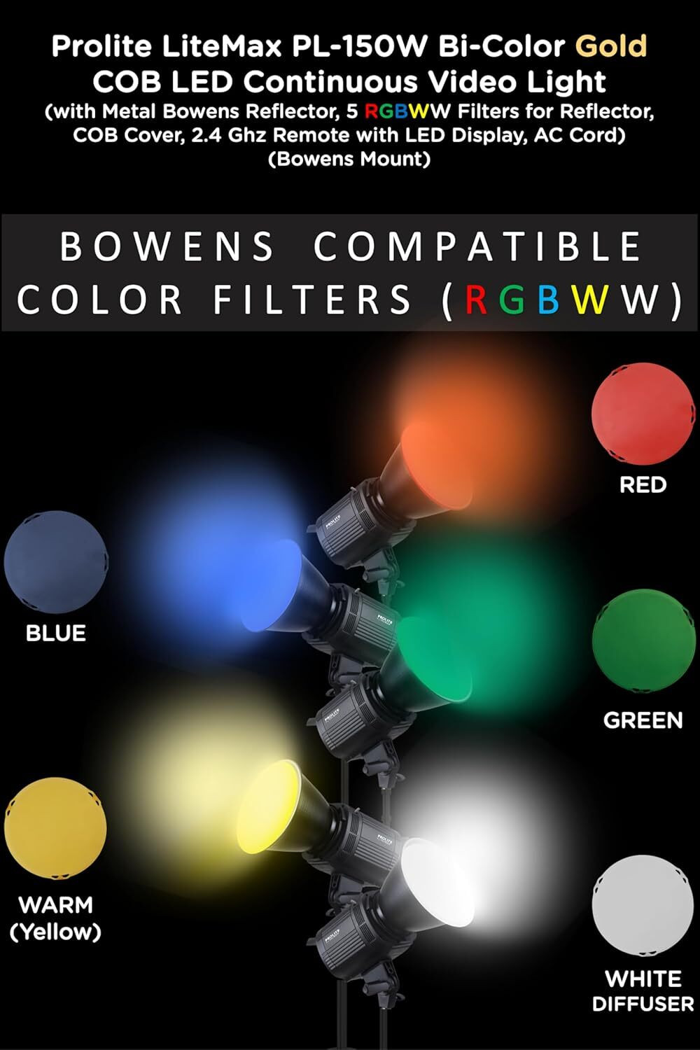 Image of Prolite LiteMax Gold 150W Bi-Color COB LED Video Light, RGBWW Filters, Diffuser & Remote 15500 lx Camera LED Light