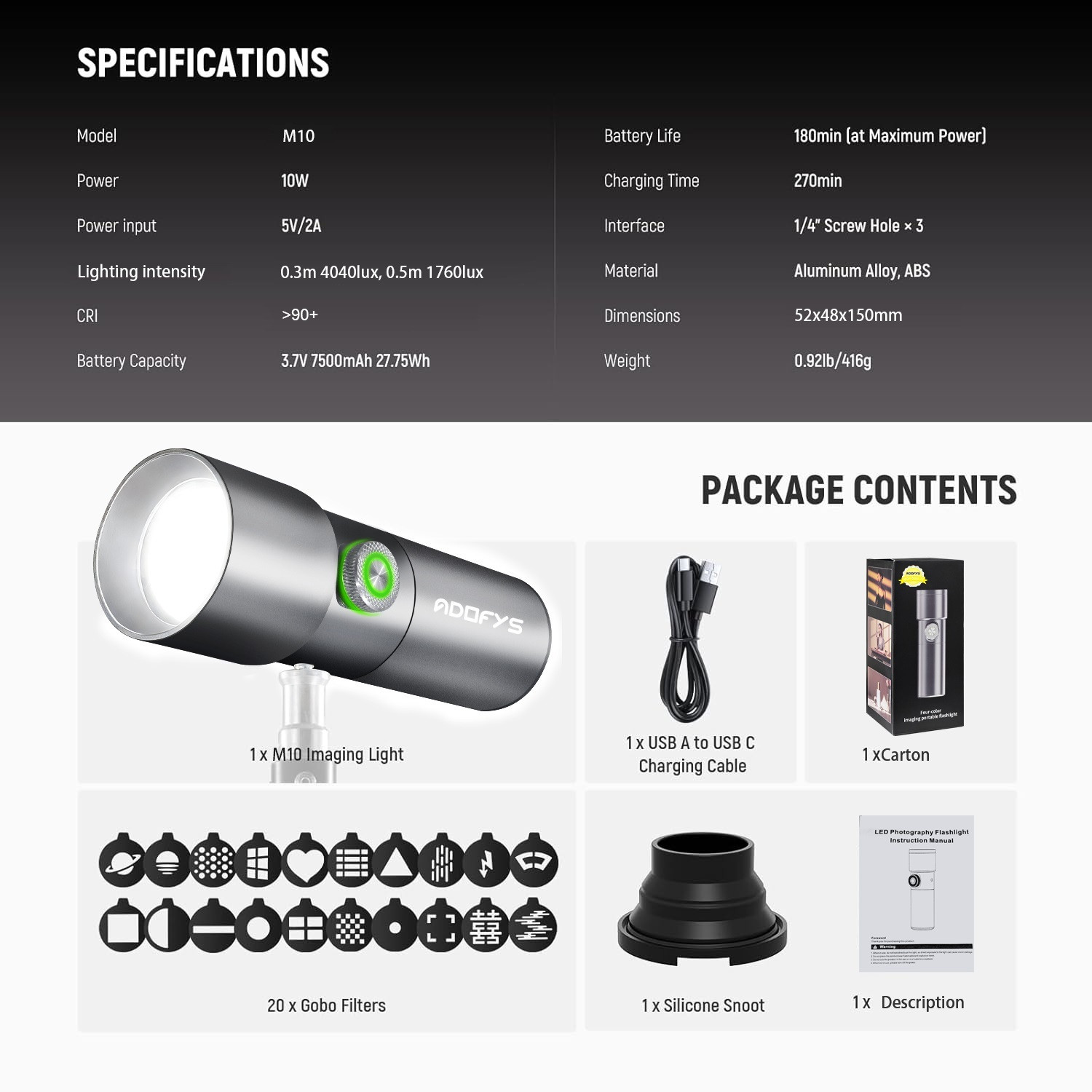 Image of Adofys RGB LED Photography Flashlight, 7500mAh Aluminum Alloy Patterned Ambient light 1570 lx Camera LED Light