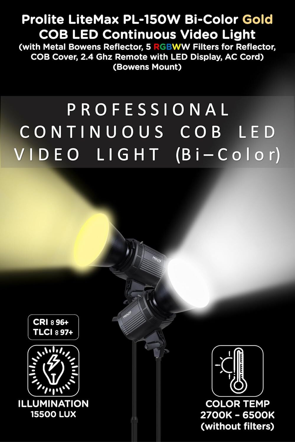 Image of Prolite LiteMax Gold 150W Bi-Color COB LED Video Light, RGBWW Filters, Diffuser & Remote 15500 lx Camera LED Light