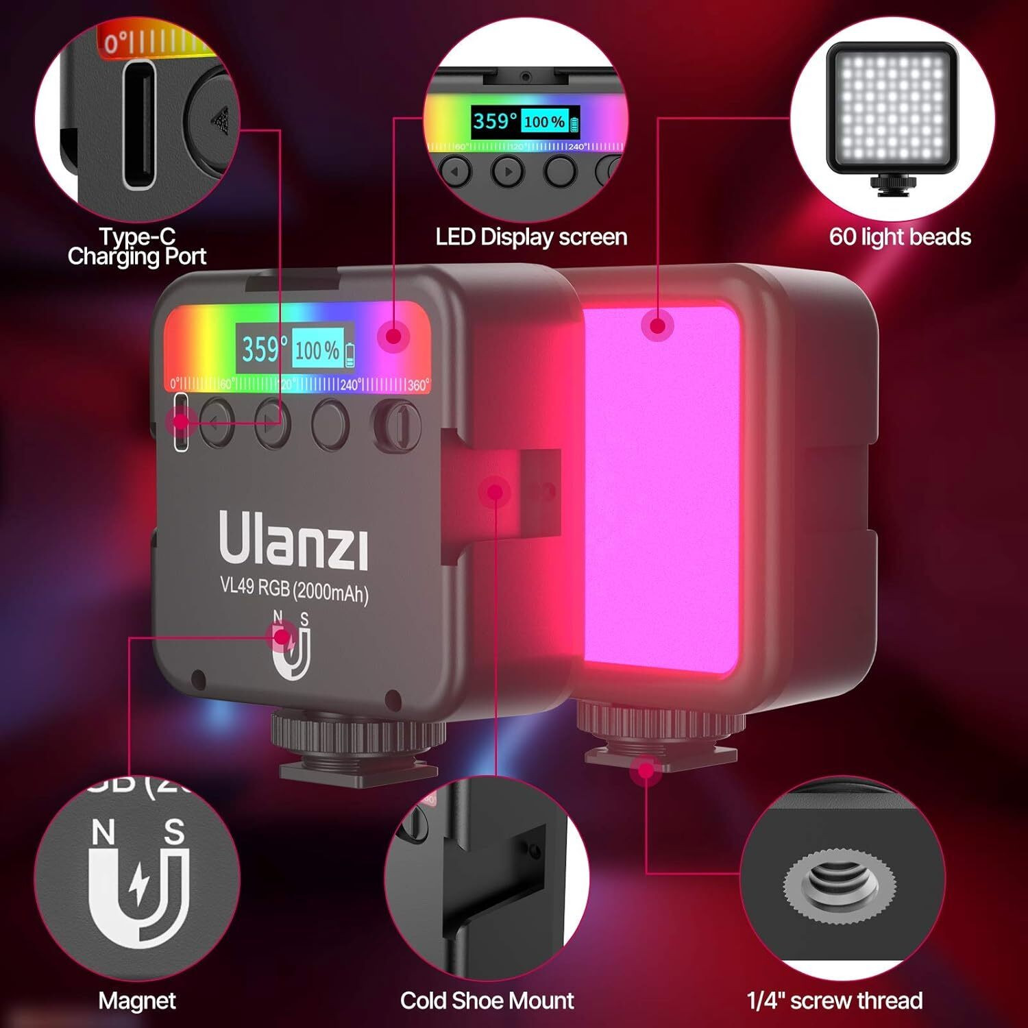 Image of ULANZI VL49 RGB Video Light 3 Cold Shoe Magnetic 2500-9000K LED LCD Panel 25 lx Camera LED Light