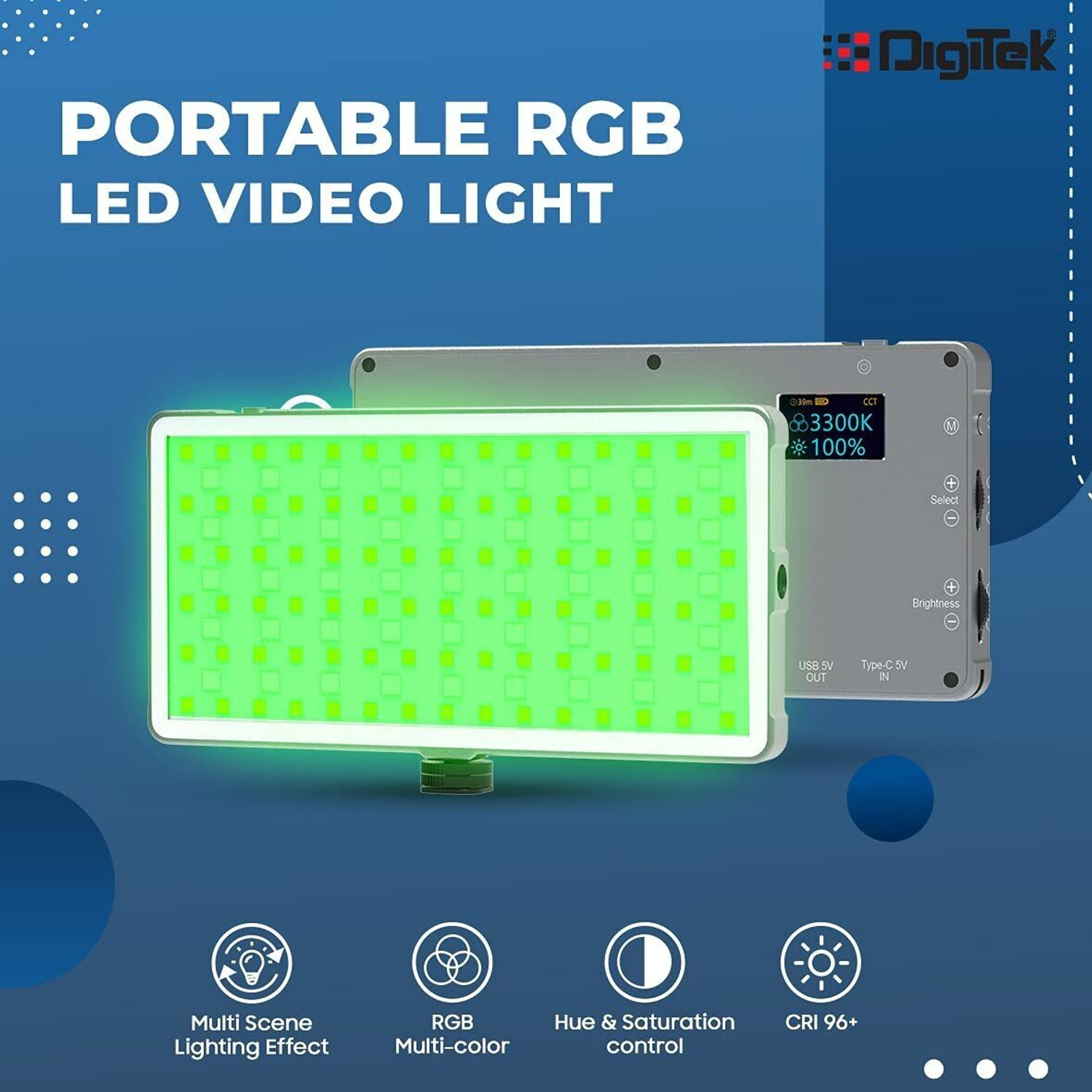 Image of DIGITEK LED-D135 ML Portable RGB LED 10w Video Light with 96 CRI | 21 Preset Effects | 4200Mah Battery | Multi Scene Lightening | Colour Temperature & Brightness Control 3600 lx Camera LED Light