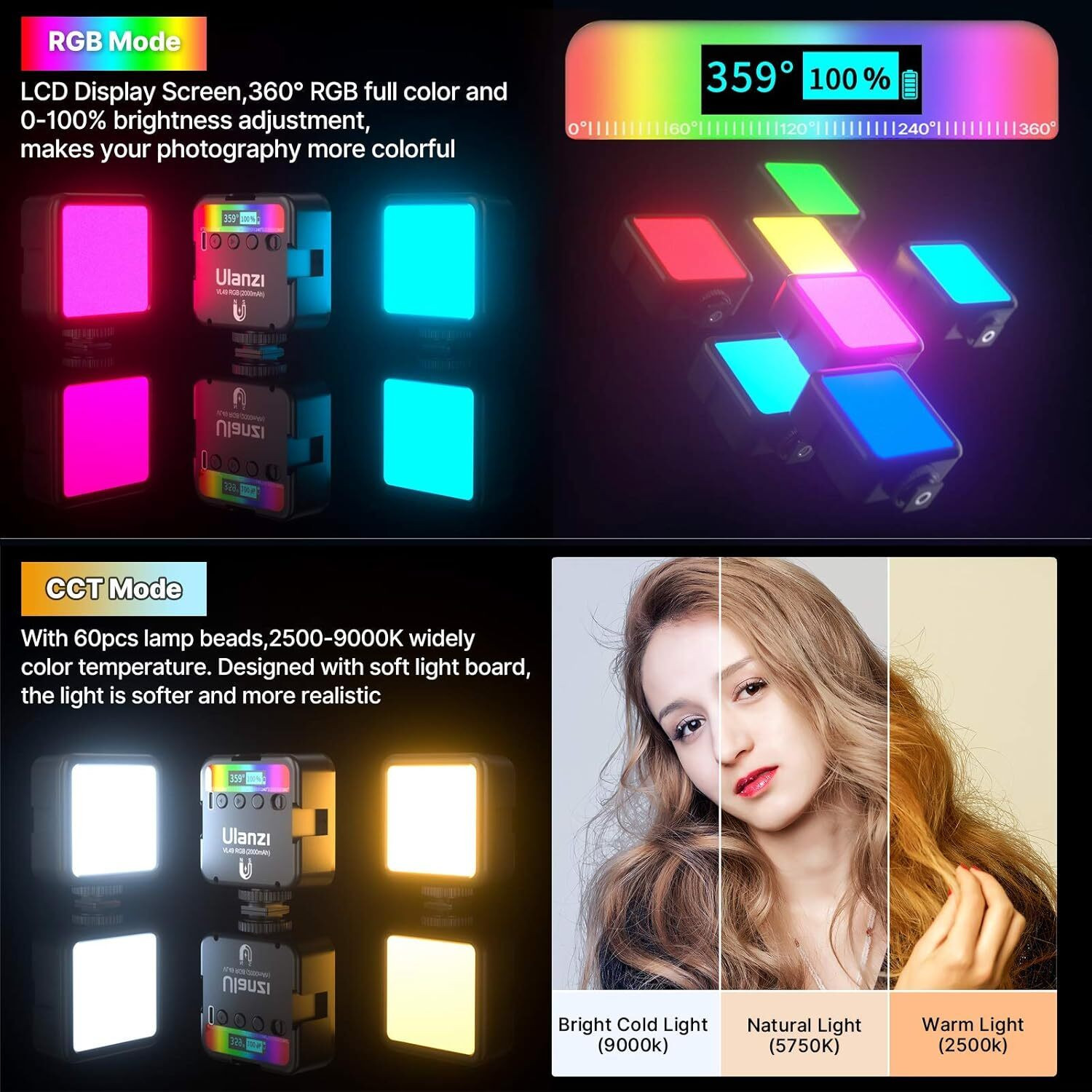 Image of ULANZI VL49 RGB Video Light 3 Cold Shoe Magnetic 2500-9000K LED LCD Panel 25 lx Camera LED Light