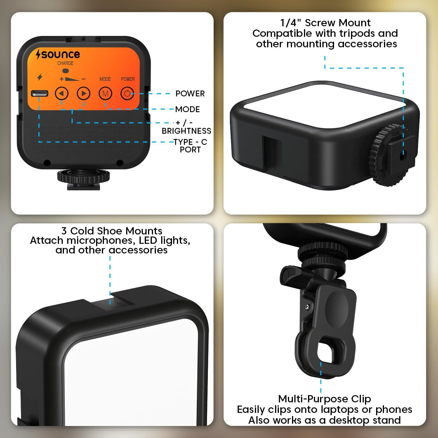 Image of sounce Clip-On Rechargeable LED Video Light for Phone, Camera & Laptop 1000 lx Camera LED Light