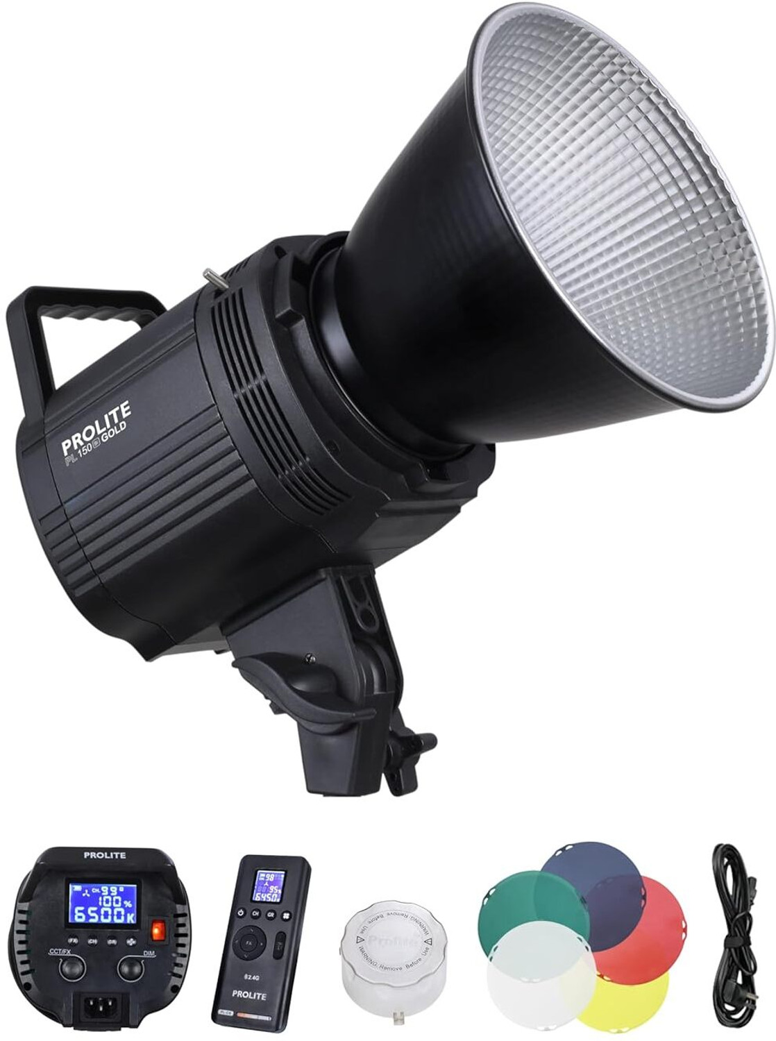 Image of Prolite LiteMax Gold 150W Bi-Color COB LED Video Light, RGBWW Filters, Diffuser & Remote 15500 lx Camera LED Light