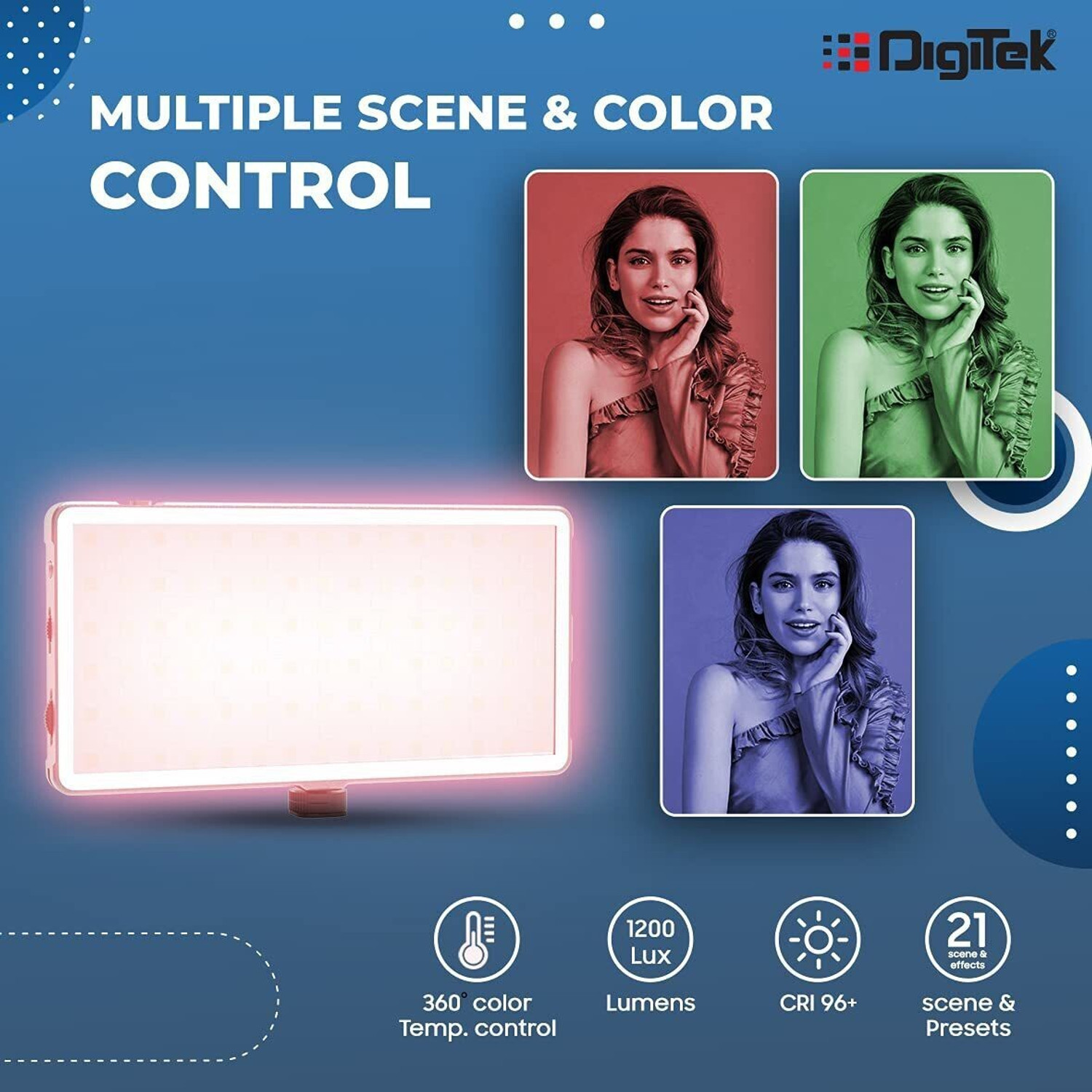 Image of DIGITEK LED-D135 ML Portable RGB LED 10w Video Light with 96 CRI | 21 Preset Effects | 4200Mah Battery | Multi Scene Lightening | Colour Temperature & Brightness Control 3600 lx Camera LED Light