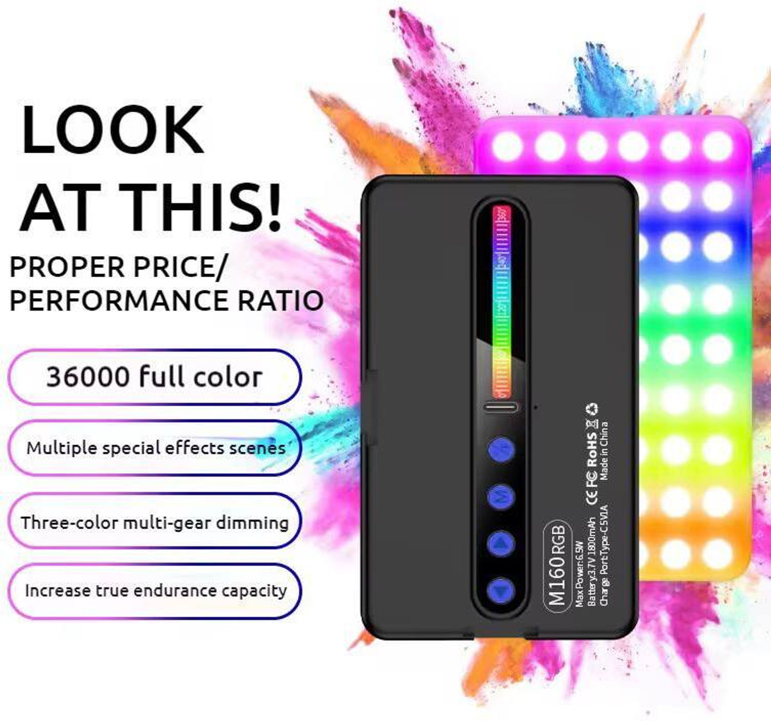 Image of Gadgetturbo M160 RGB Photography Light, LED Video Light 1150 lx Camera LED Light