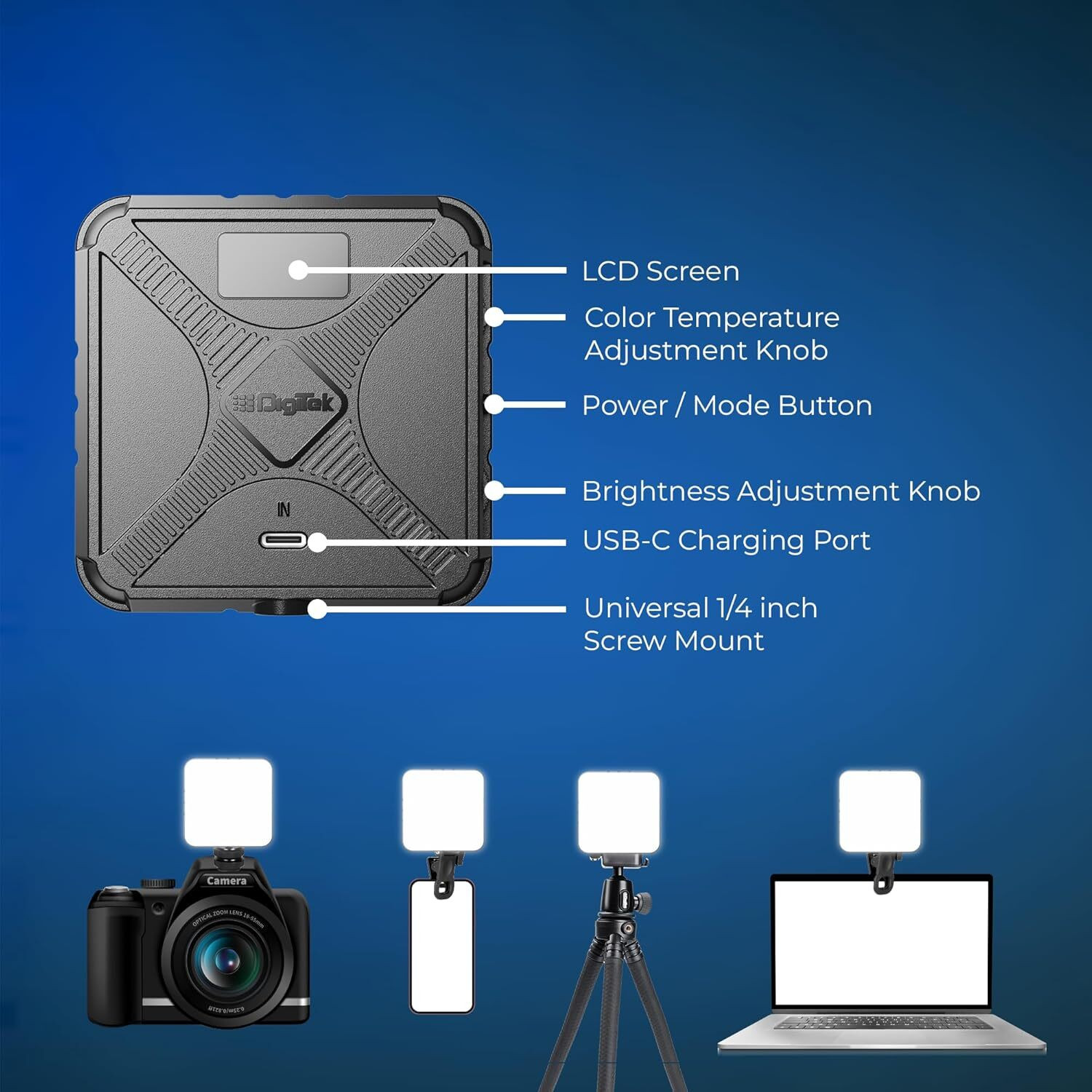 Image of DIGITEK LED-D11W RGB 11W Mini RGB LED Video Light 2000mAh Battery, 21 Lighting Effects 3600 lx Camera LED Light