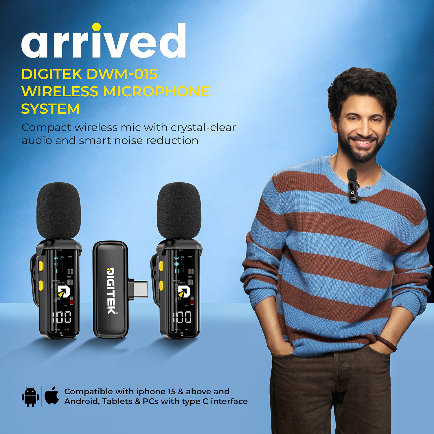 Image of DIGITEK DWM-015 2-in-1 Wireless Microphone, Dual Transmitter, 20m Range, 4H Battery Life Camera Microphone