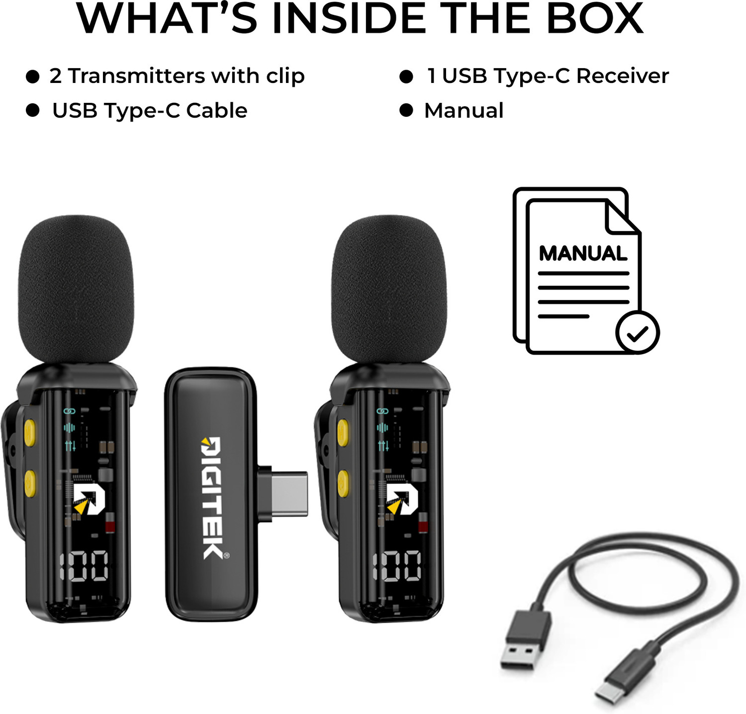 Image of DIGITEK DWM-015 2-in-1 Wireless Microphone, Dual Transmitter, 20m Range, 4H Battery Life Camera Microphone