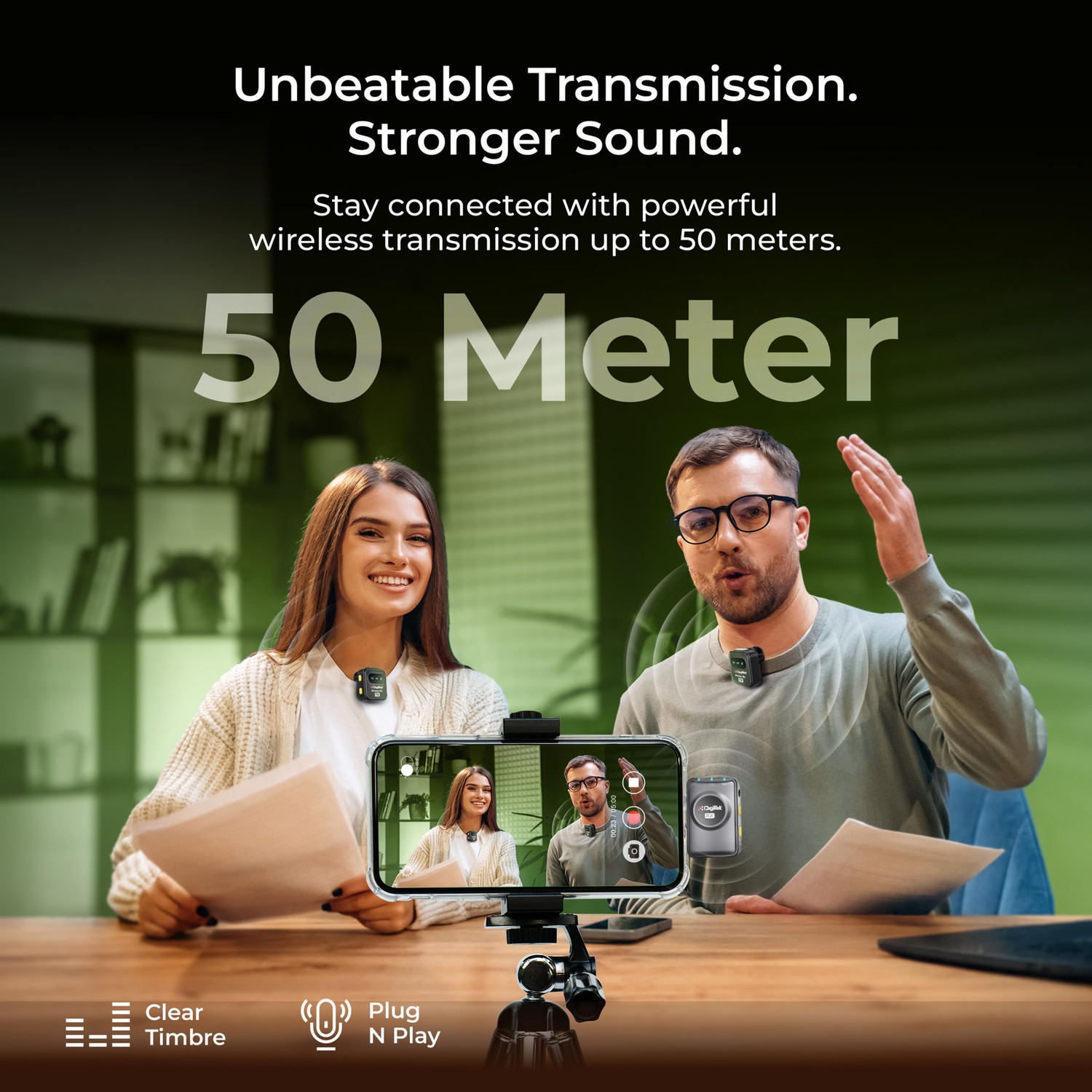 Image of DIGITEK DWM-118 2-in-1 Wireless Mic with 50m Range & 7Hr Use for iOS /Android /DSLR Camera Microphone