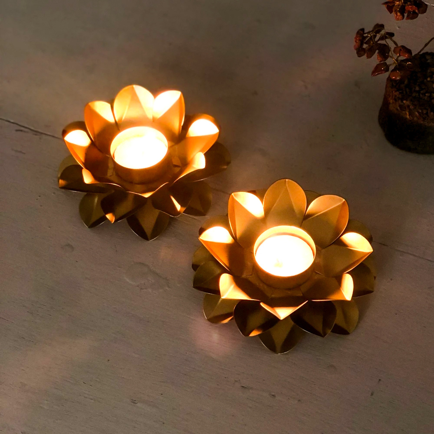 Image of Easyera Iron Beautiful Design Lotus Shaped Candle Holder Stand Iron 2 - Cup Candle Holder
