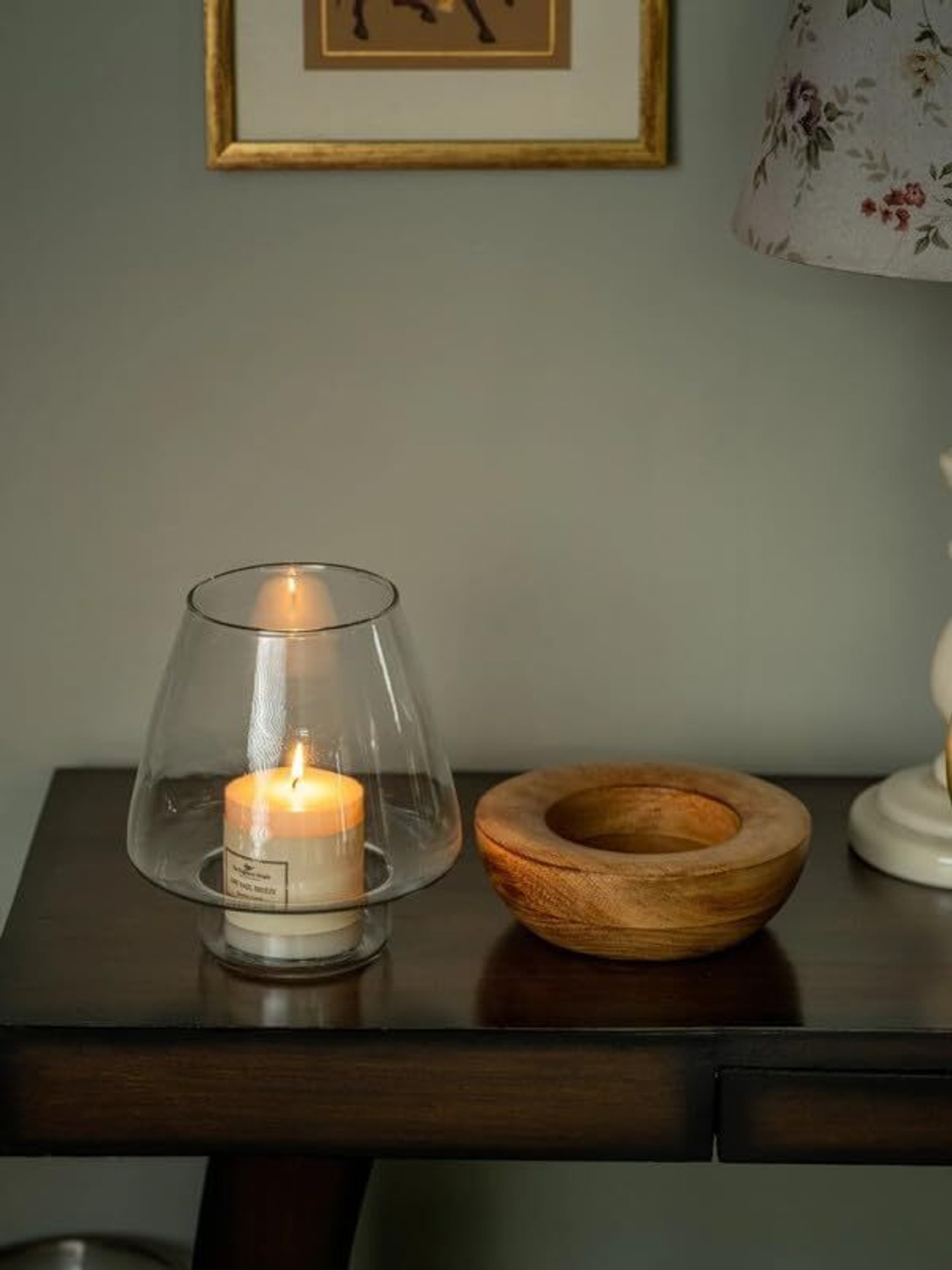 Image of ARAANA HOME Glass Candle Holder with Wooden Base for Home Decor, Living Room, Dining Table Wooden, Glass Candle Holder