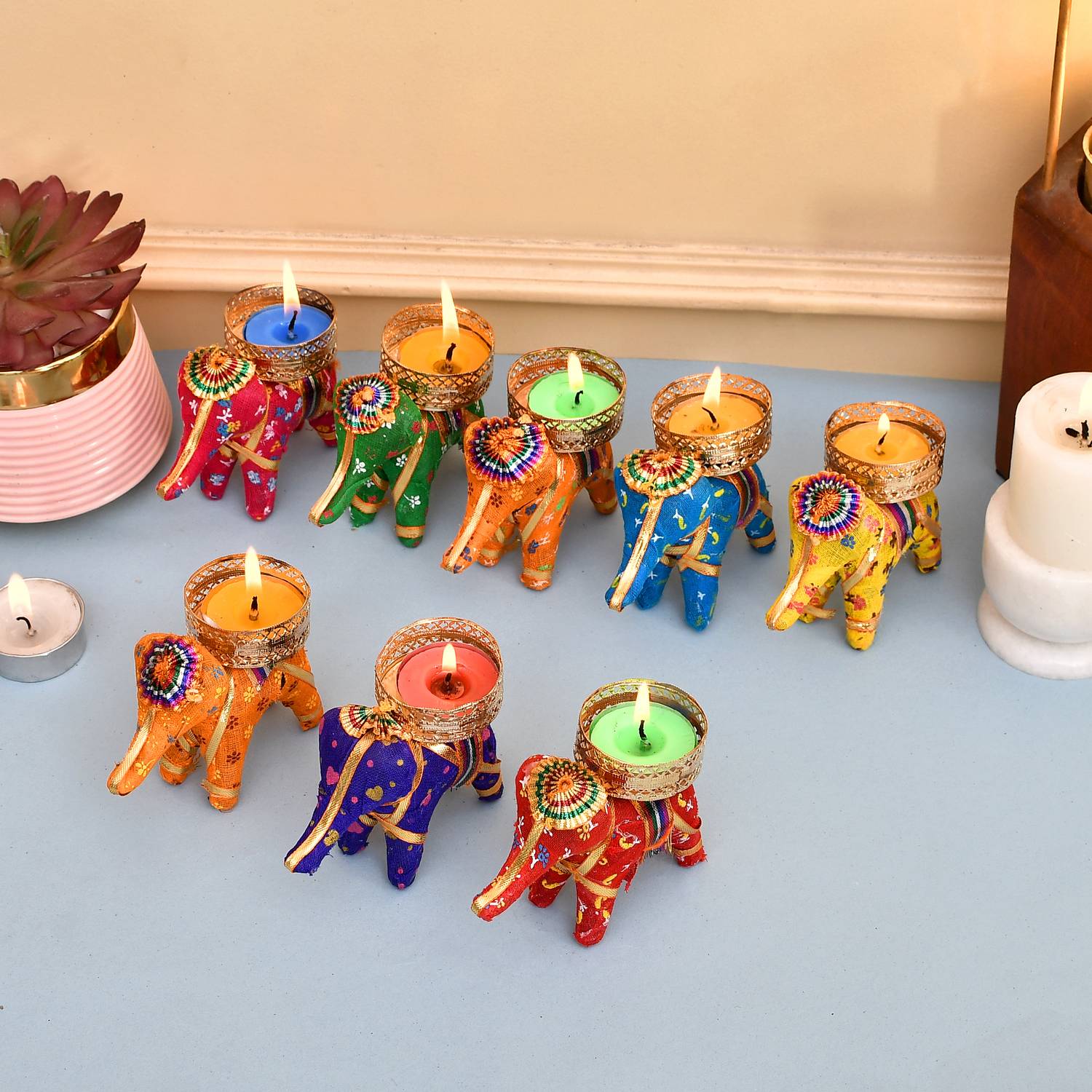 arvind's Rajasthani Handmade Elephant Candle Holder Stand FR Diwali Decoration Plastic 8 - Cup Tealight Holder Set