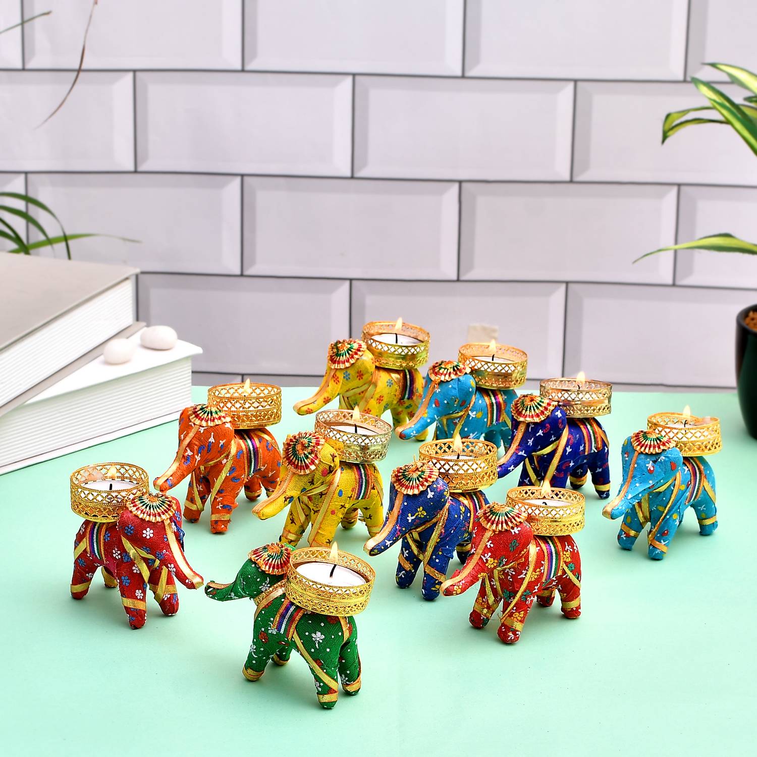 arvind's Rajasthani Handmade Elephant Candle Holder Stand FOR Diwali Decoration Plastic 10 - Cup Tealight Holder Set