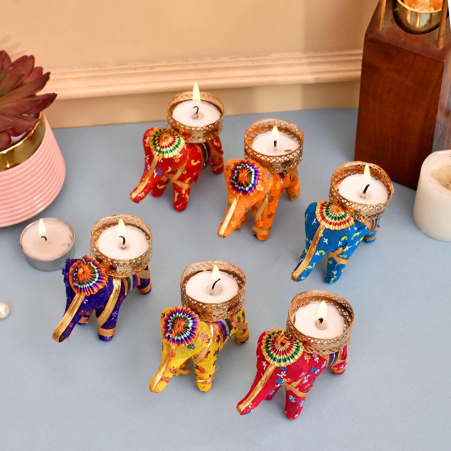 arvind's Rajasthani Handmade Elephant Candle Holder Stand FOR Diwali Decoration Plastic 6 - Cup Tealight Holder Set