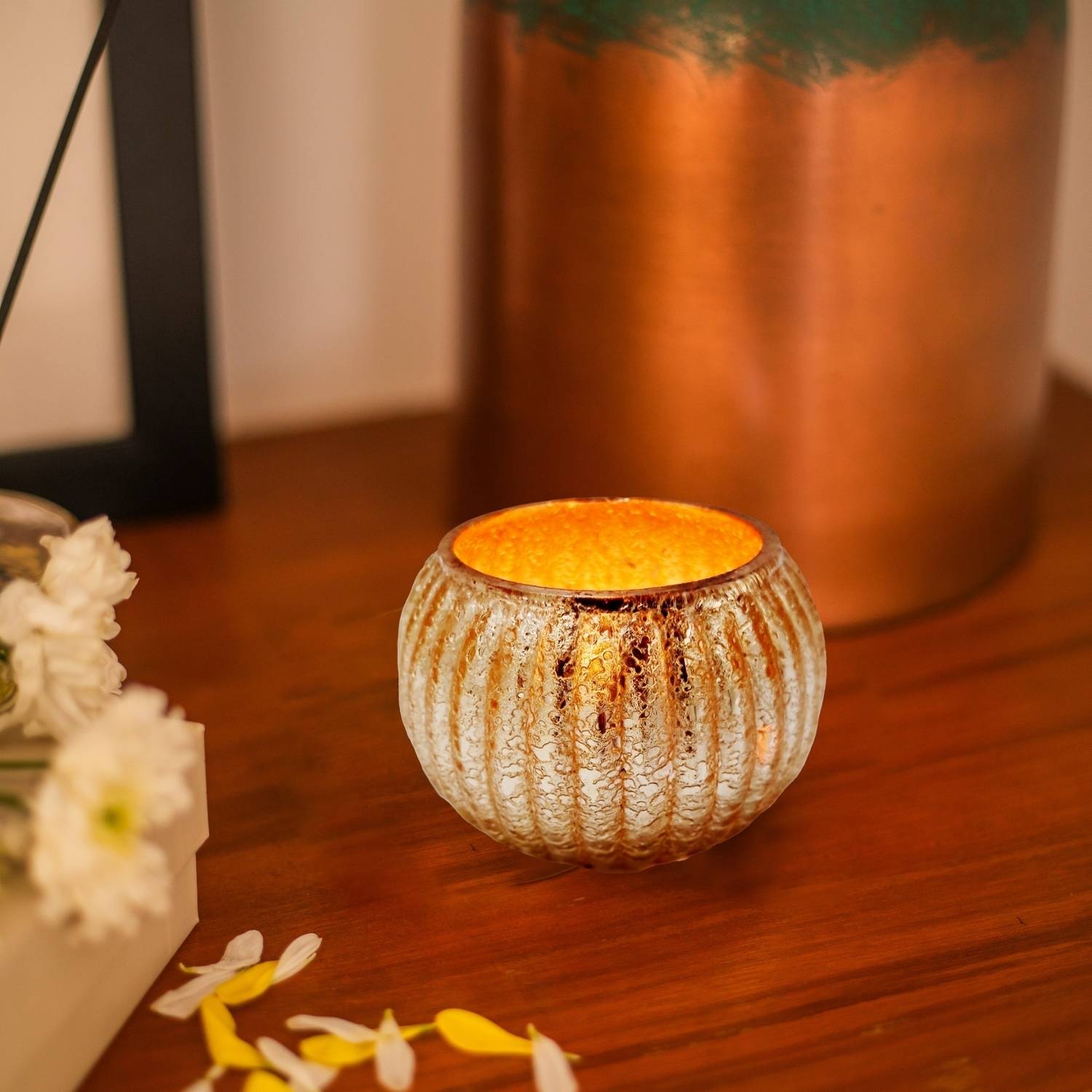 10club Fluted Glass Candle Holder | Metallic Finish | Tealight Holder for Home Decor Glass 1 - Cup Candle Holder