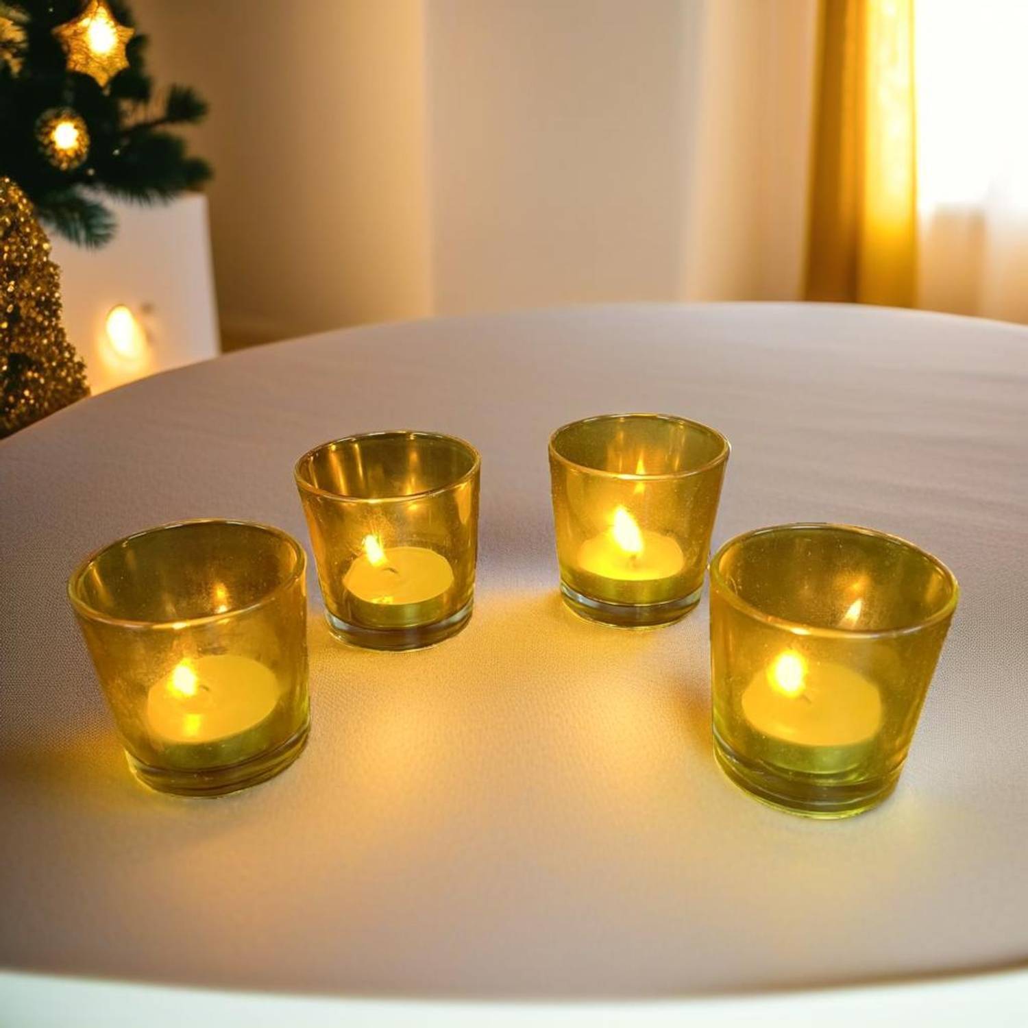 Akaar Akaar Decor's Tea-Light Holders Set of 4 | Home Decoration Item for Diwali Glass 4 - Cup Tealight Holder Set