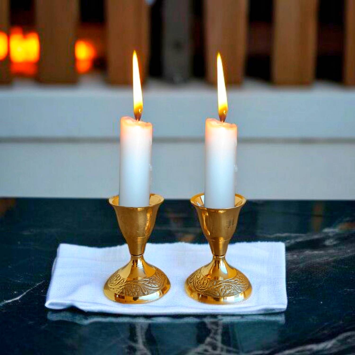 Asha Enchant Decor Handcrafted Brass Candle Holders with Emboss Base Brass 2 - Cup Candle Holder Set