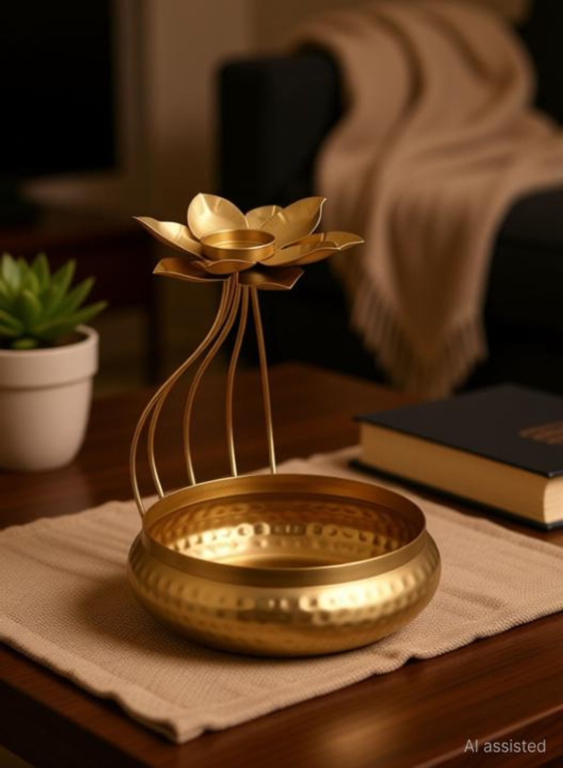 Image of alwadi handicrafts Golden Lotus Tealight Candle Holder Iron 1 - Cup Tealight Holder