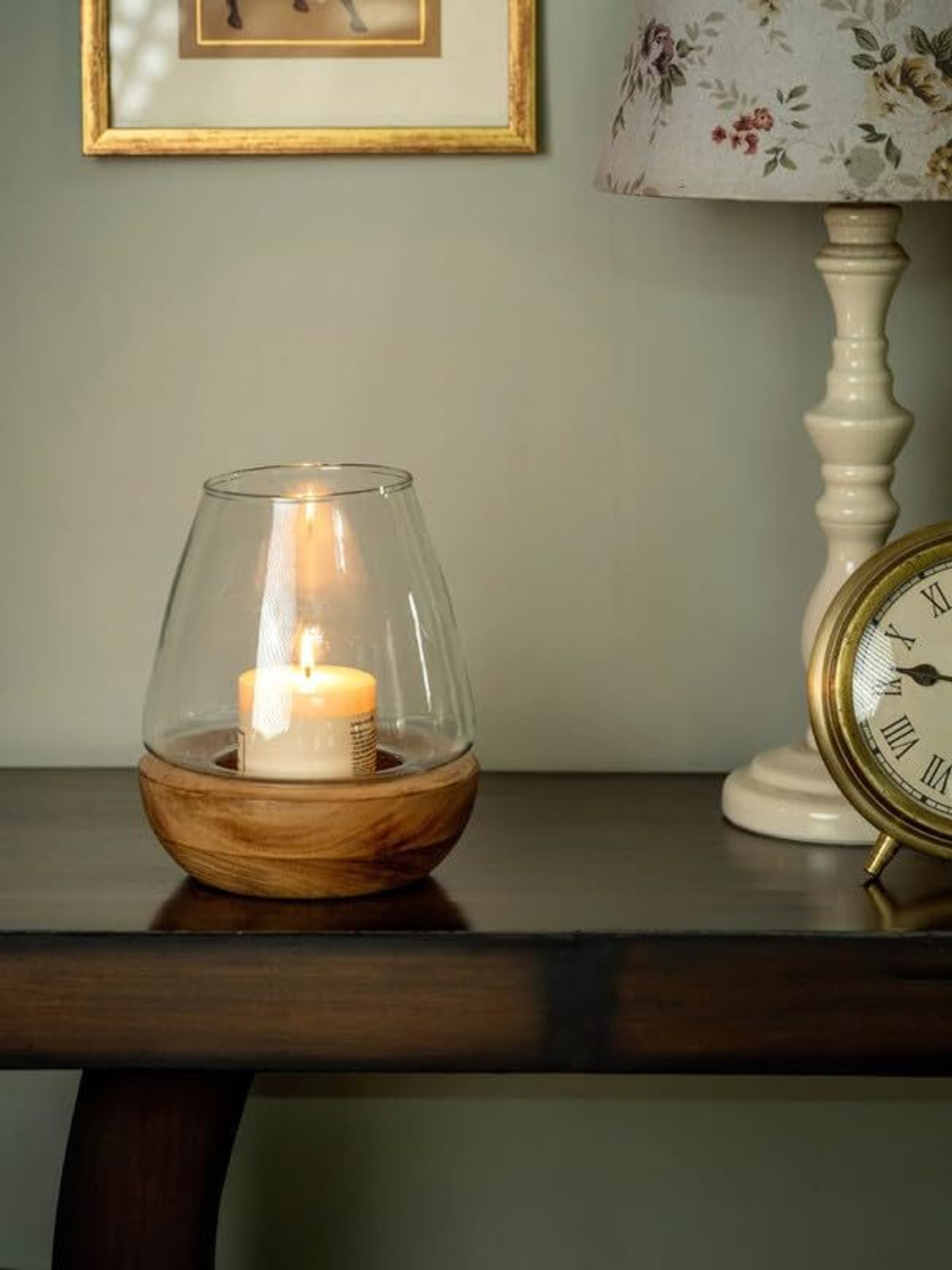 Image of ARAANA HOME Glass Candle Holder with Wooden Base for Home Decor, Living Room, Dining Table Wooden, Glass Candle Holder