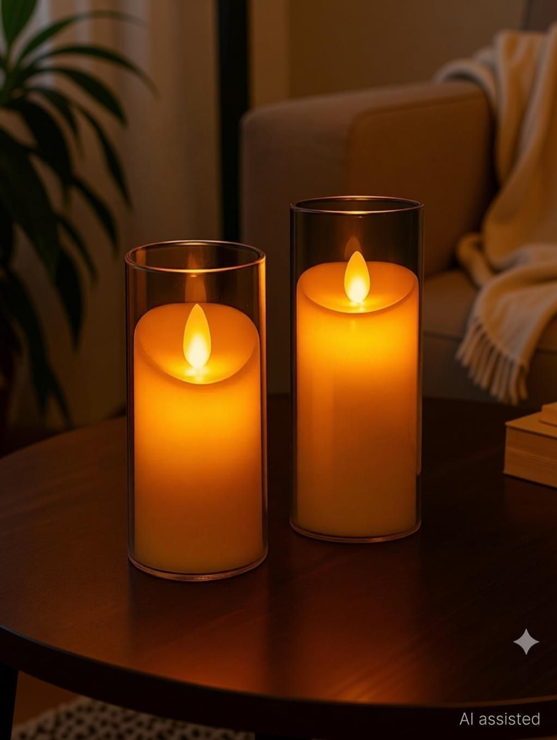 Image of Shivatri's Pillar Candles with Clear Glass Effect Cover Battery Operated Flickering Candle (Yellow, Pack of 2)