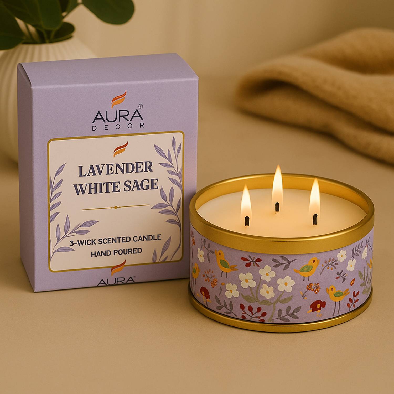 AuraDecor 3 Wick Scented Tin Candle Hand Poured Soy Blend (Lavender White Sage) Candle