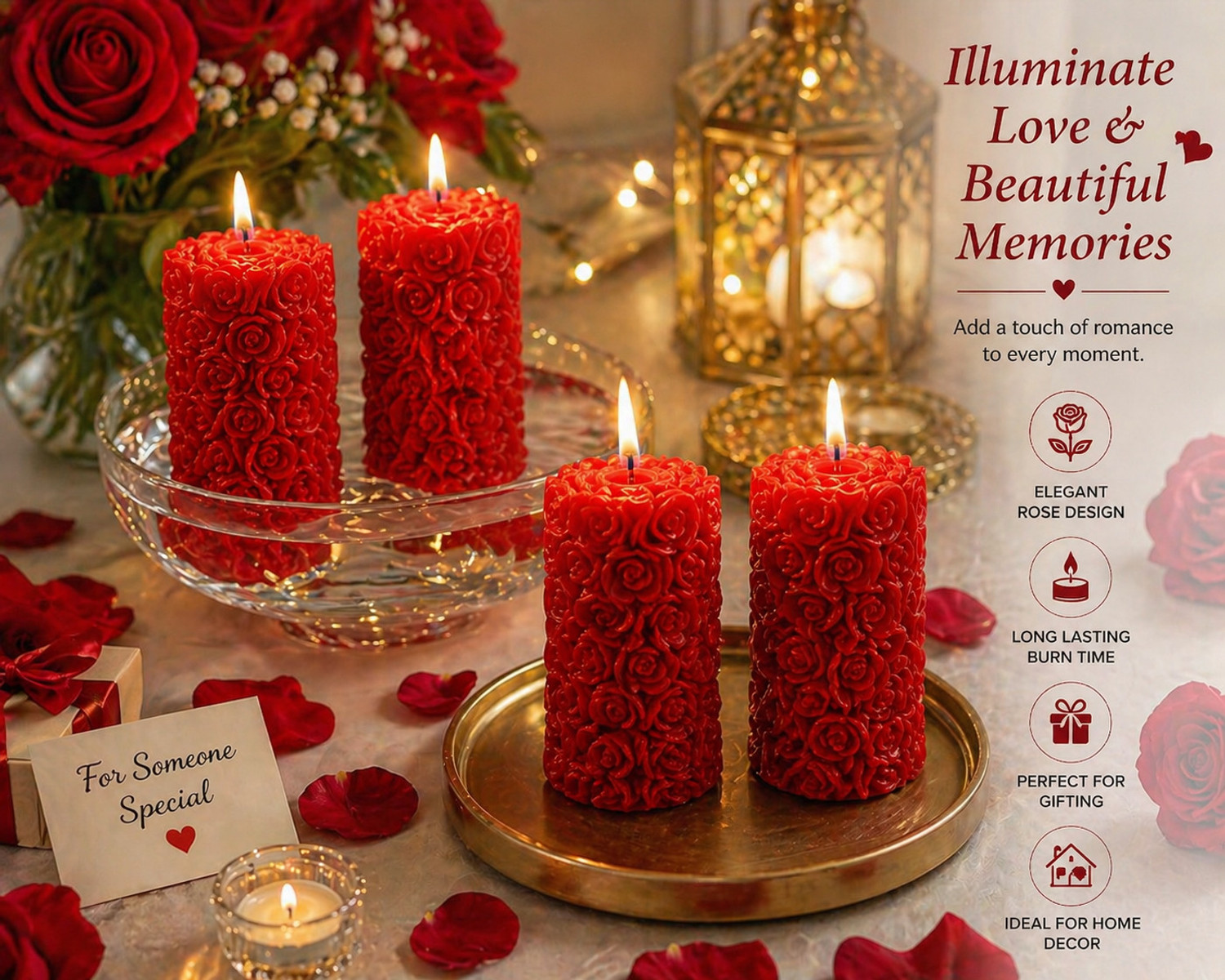 Image of Mahasu Candles For Home Decor, Rose Fragrance, Pillar Shape, Red Candle