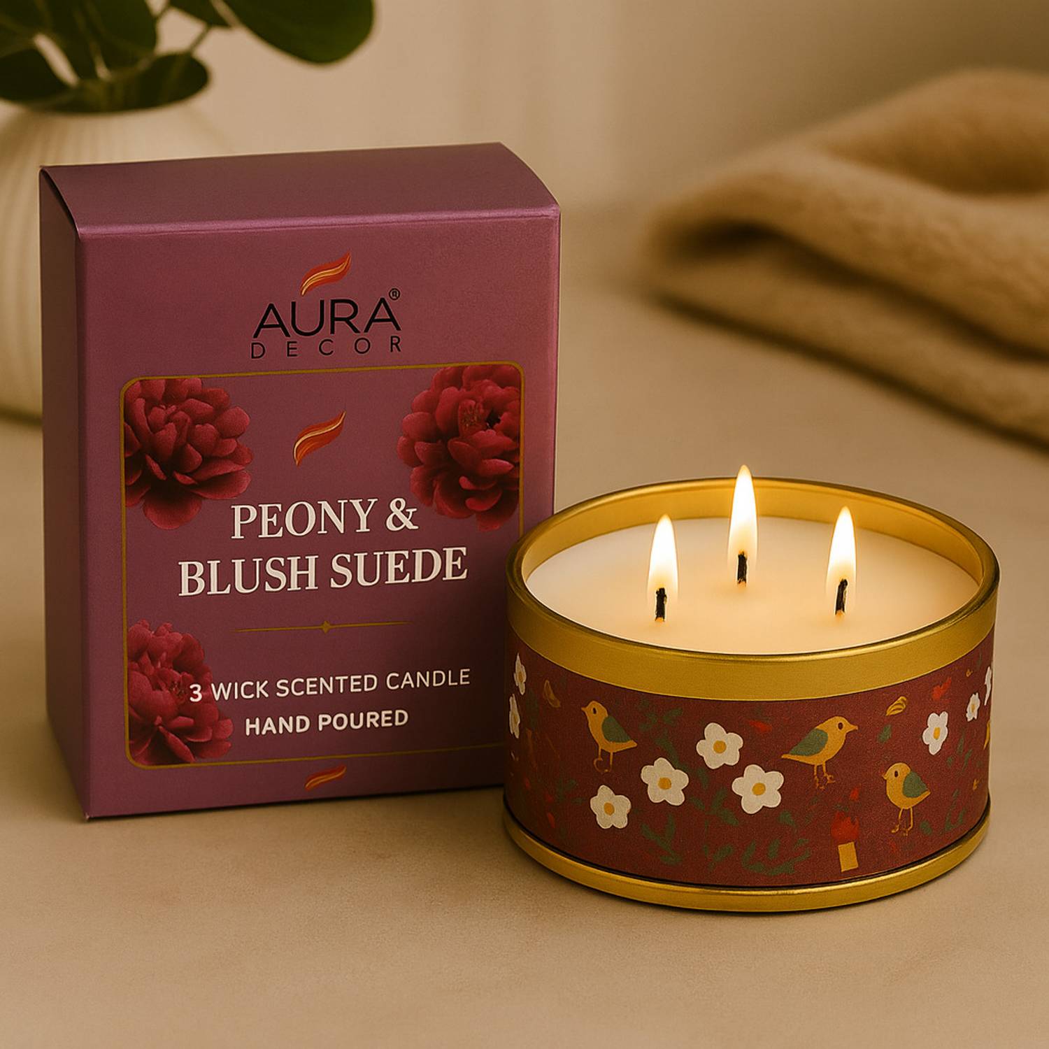 AuraDecor 3 Wick Scented Tin Candle Hand Poured Soy Blend (Peony Blush & Suede) Candle