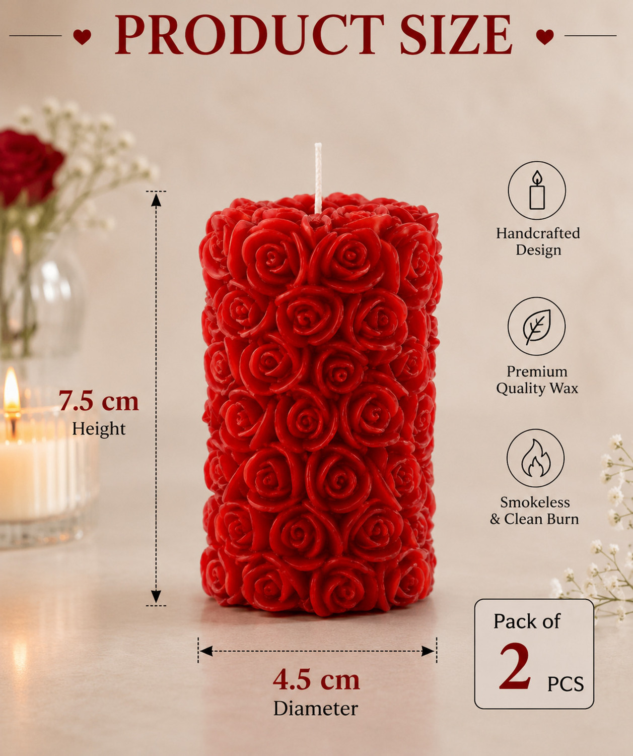 Image of Mahasu Candles For Home Decor, Rose Fragrance, Pillar Shape, Red Candle