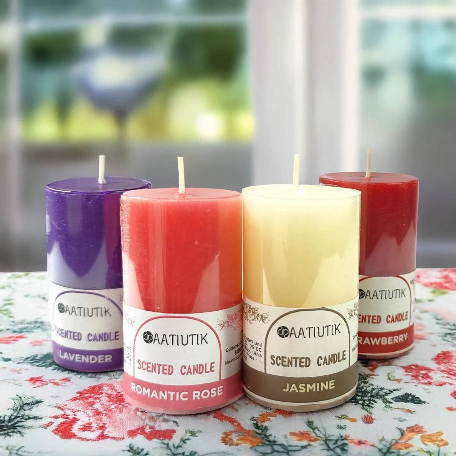 Aatiutik Rose, Strawberry, Jasmine, Lavender Scented Pillar Candle Set of 4 Fragrance Wax Candle