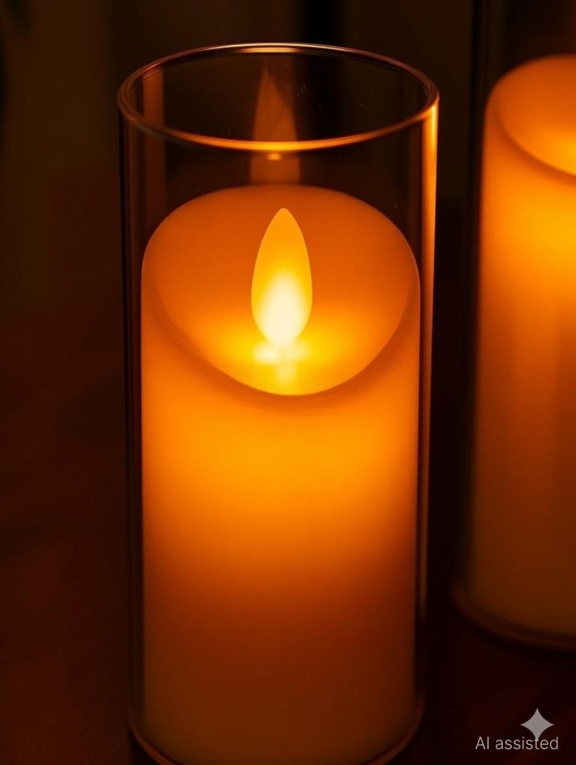 Image of Shivatri's Pillar Candles with Clear Glass Effect Cover Battery Operated Flickering Candle (Yellow, Pack of 2)