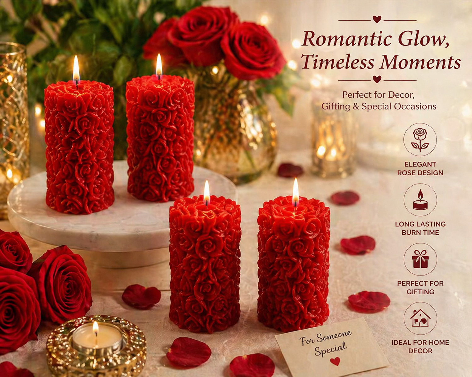 Image of Mahasu Candles For Home Decor, Rose Fragrance, Pillar Shape, Red Candle